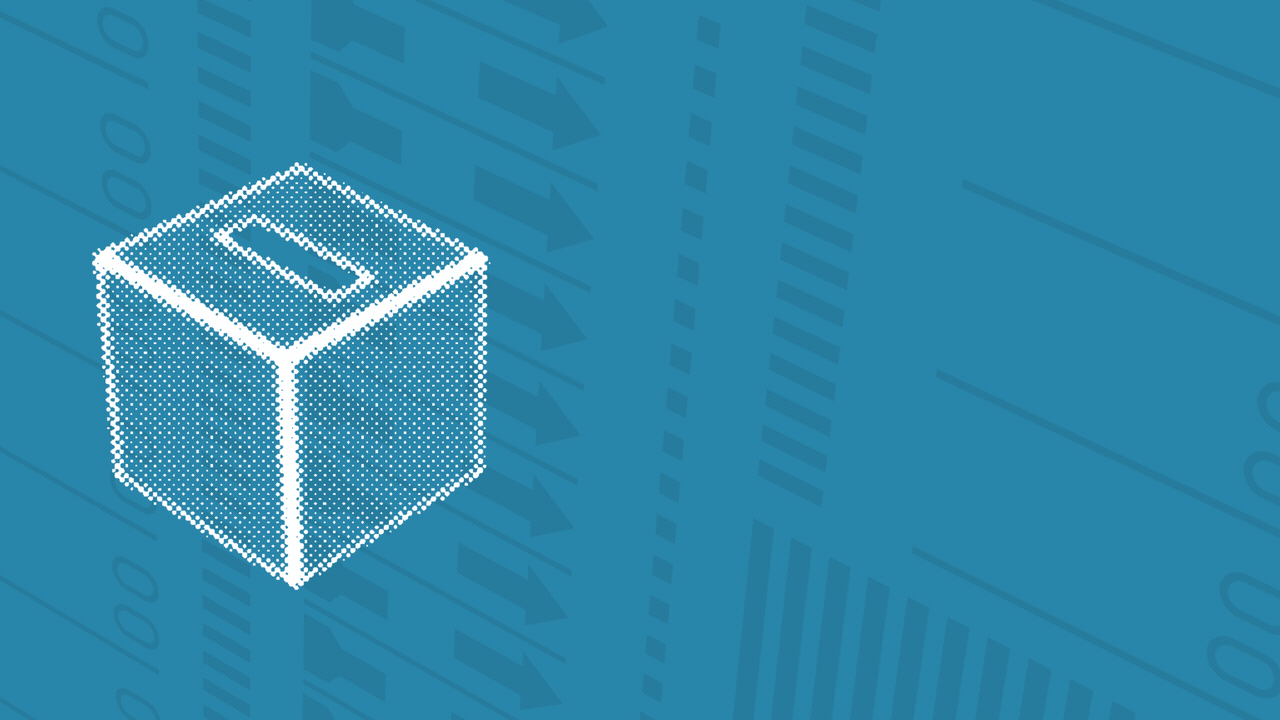 Animated illustration of a ballot dropping into a ballot box over a blue background, which rotates to become a checkbox, with a checkmark drawn in front of it.