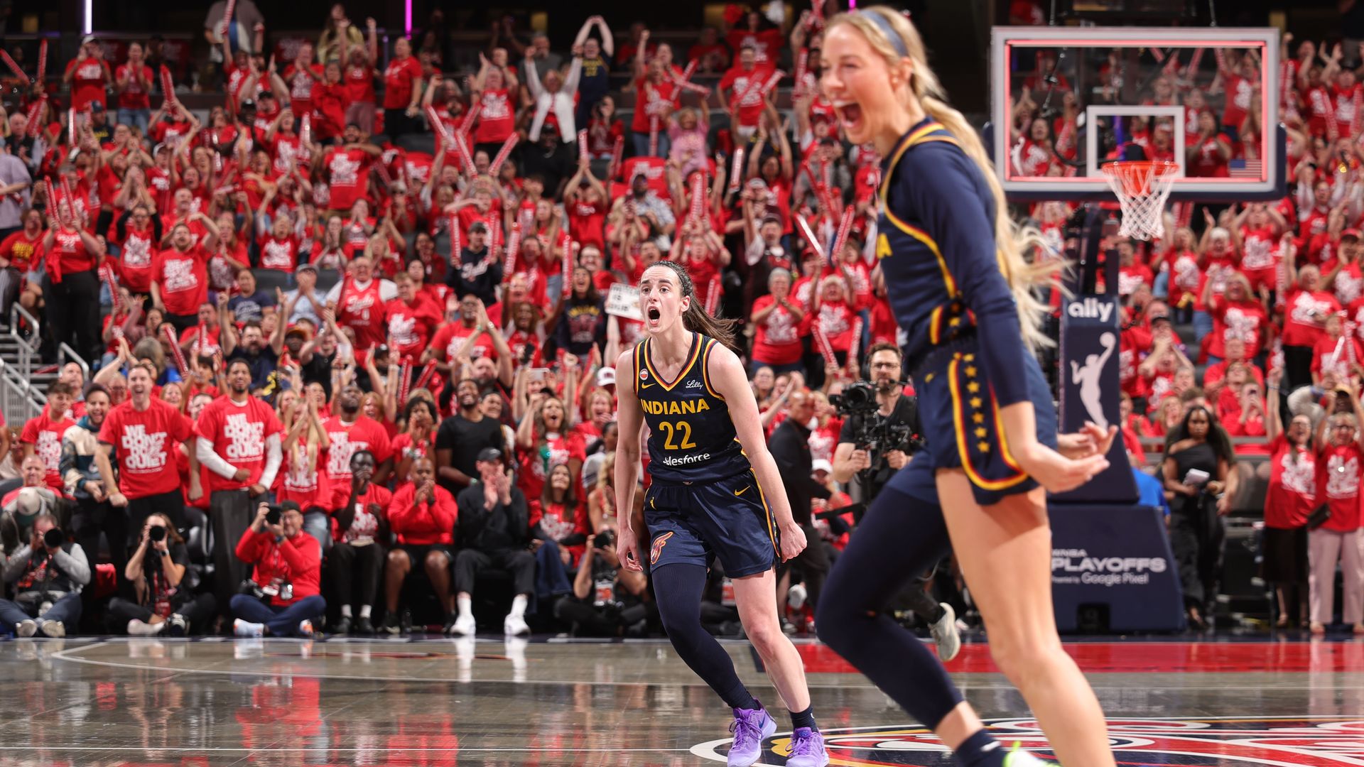 Caitlin Clark #22 of the Indiana Fever celebrates during the game against the Las Vegas Aces during Round 1 Game 2 of WNBA Playoffs on September 29, 2026 at Gainbridge Fieldhouse in Indianapolis, Indiana.