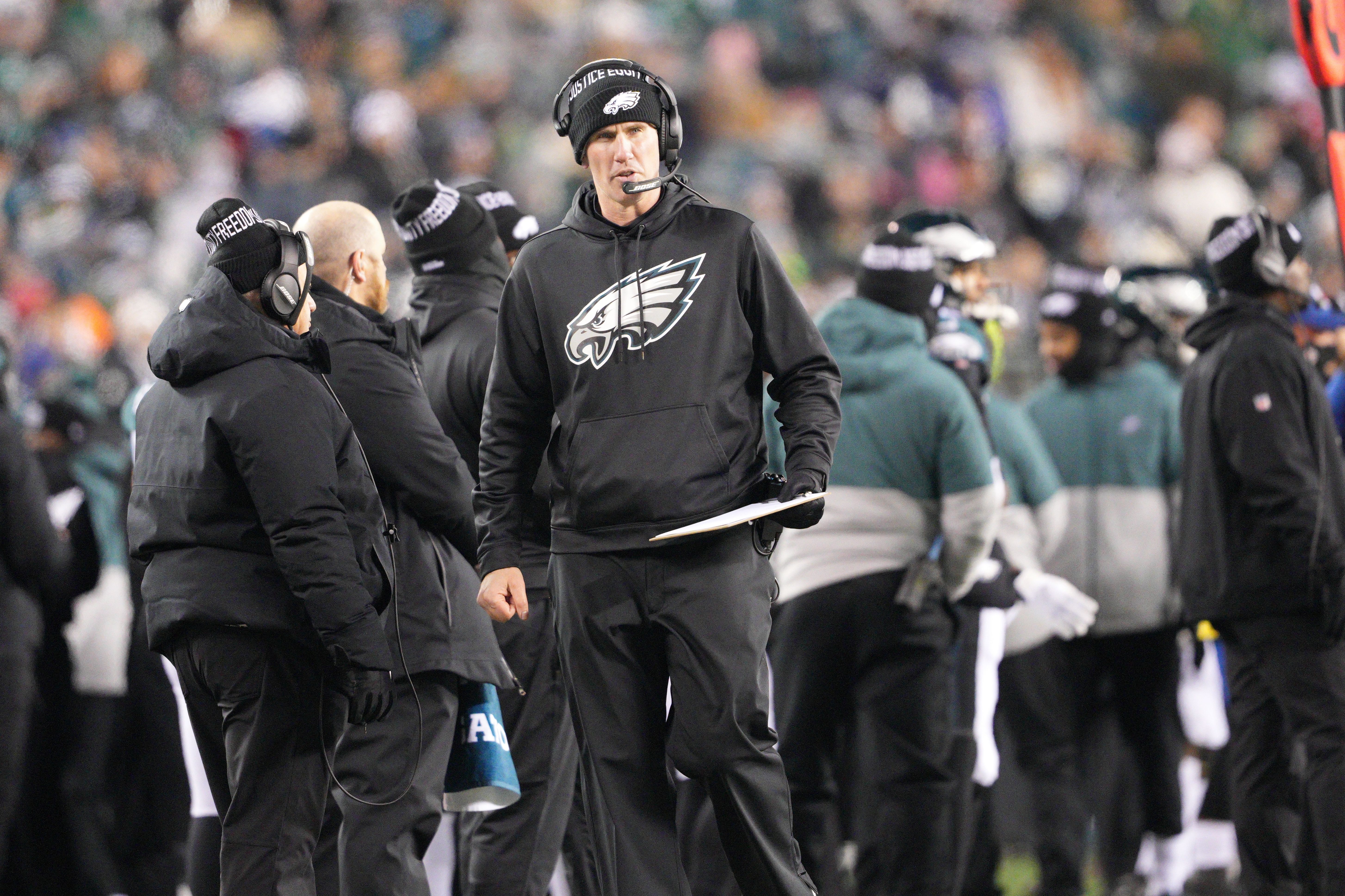 Philadelphia Eagles coach Jeremiah Washburn looks on during the game between the Dallas Cowboys and the Philadelphia Eagles on January 8, 2022 at Lincoln Financial Field in Philadelphia, PA. (Photo by Andy Lewis/Icon Sportswire via Getty Images)