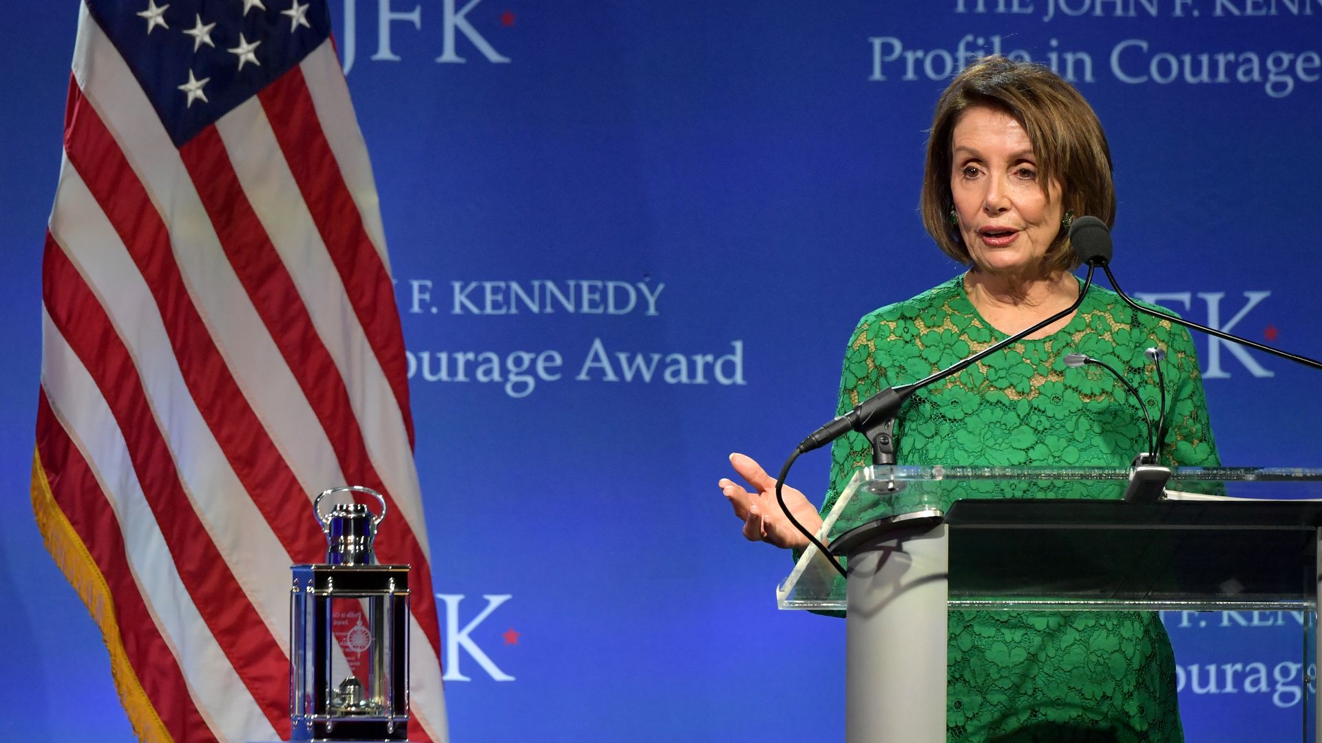  Speaker Nancy Pelosi speaks onstage after receiving the 2019 Profile in Courage Award at The John F. Kennedy Presidential Library And Museum on May 19, 2019 in Boston, Massachusetts.