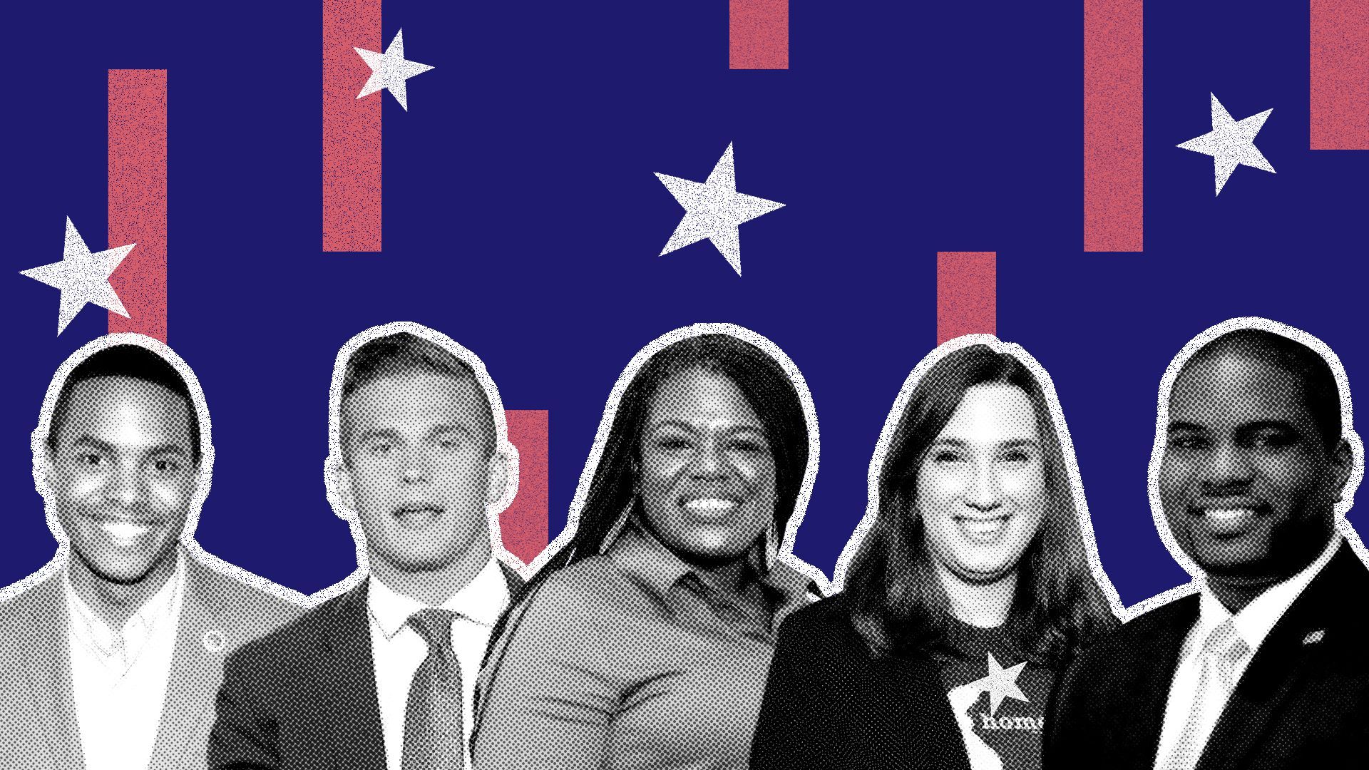 Photo illustration of Ritchie Torres, Madison Cawthorn, Cori Bush, Sarah McBride and Byron Donalds.