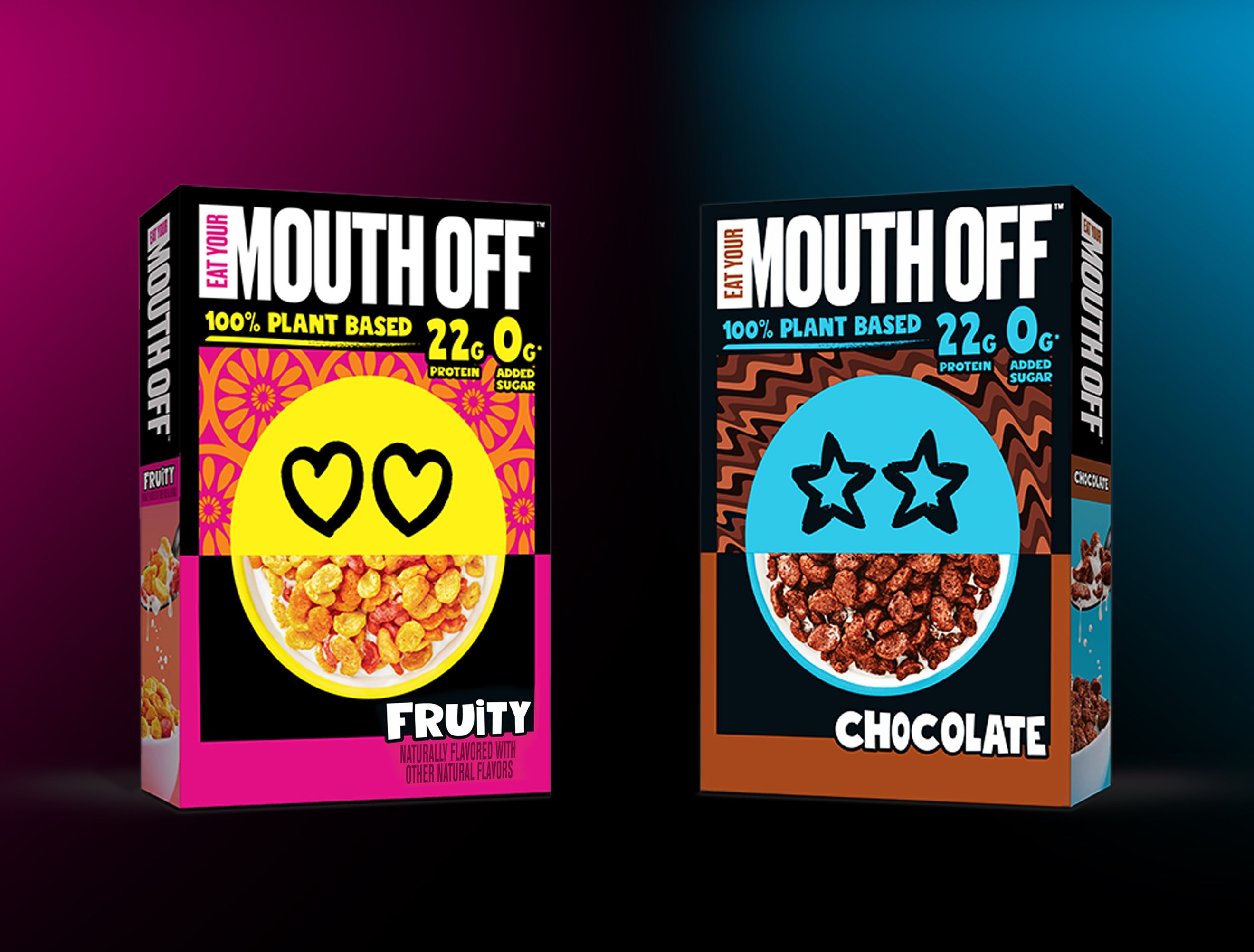 Two Eat Your Mouth Off cereal boxes stand side by side.