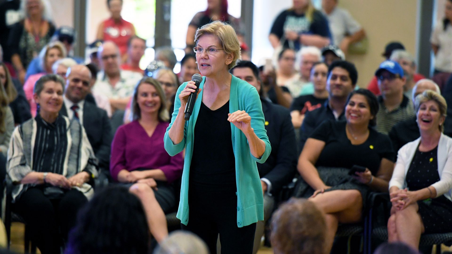 Sen. Elizabeth Warren talking to a group of people in Las Vegas, Nev.
