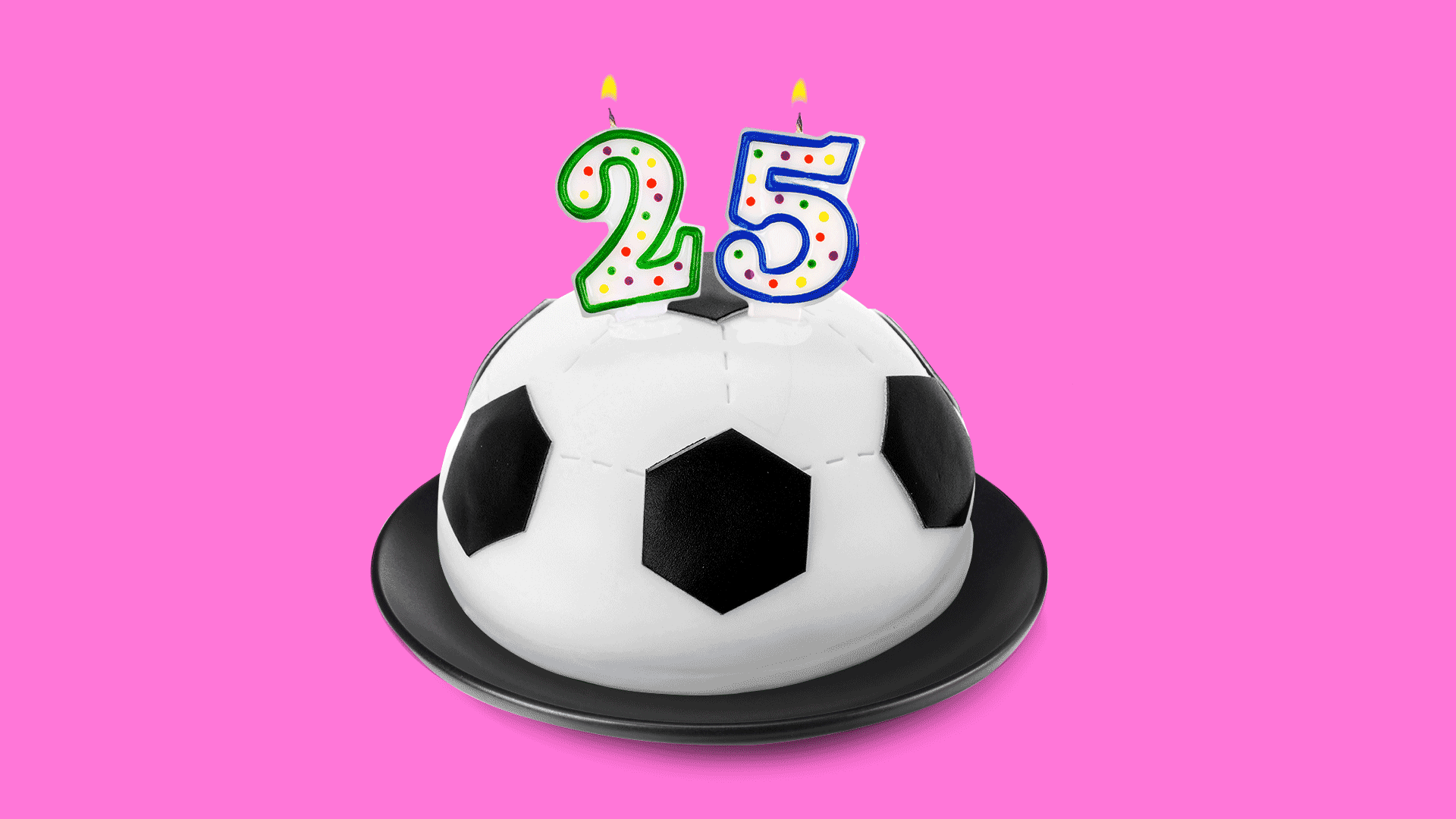 Animated illustration of a cake in the shape of a soccer ball with numerical candles that read "25"