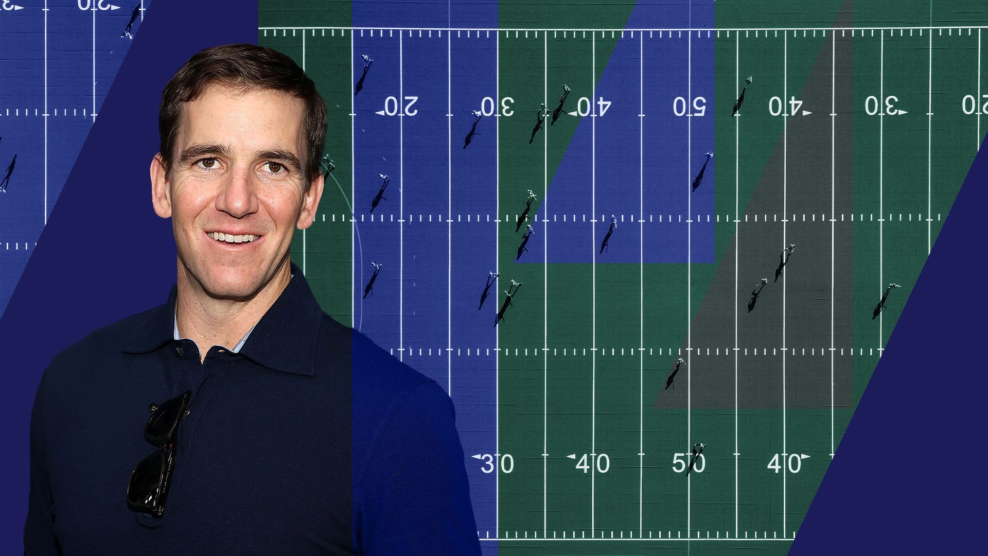 Photo Illustration of Eli Manning with shapes and a football field