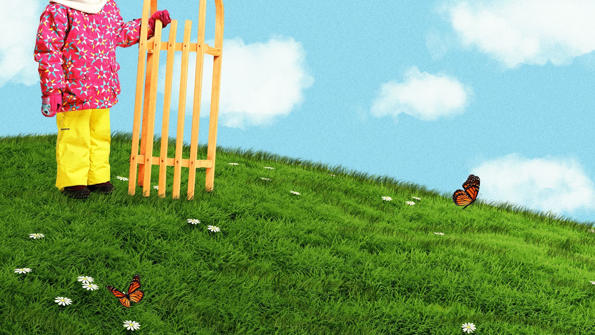 Illustration of a child wearing full snow gear and holding a sled at the top of a grassy hill with flowers and butterflies. 