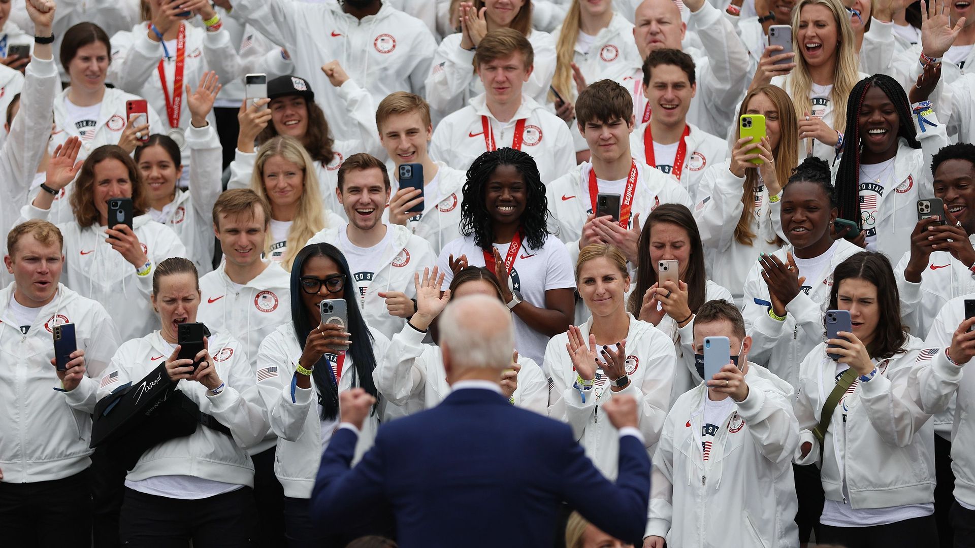President Biden is seen addressing the U.S. Olympic team as it visited the White House.