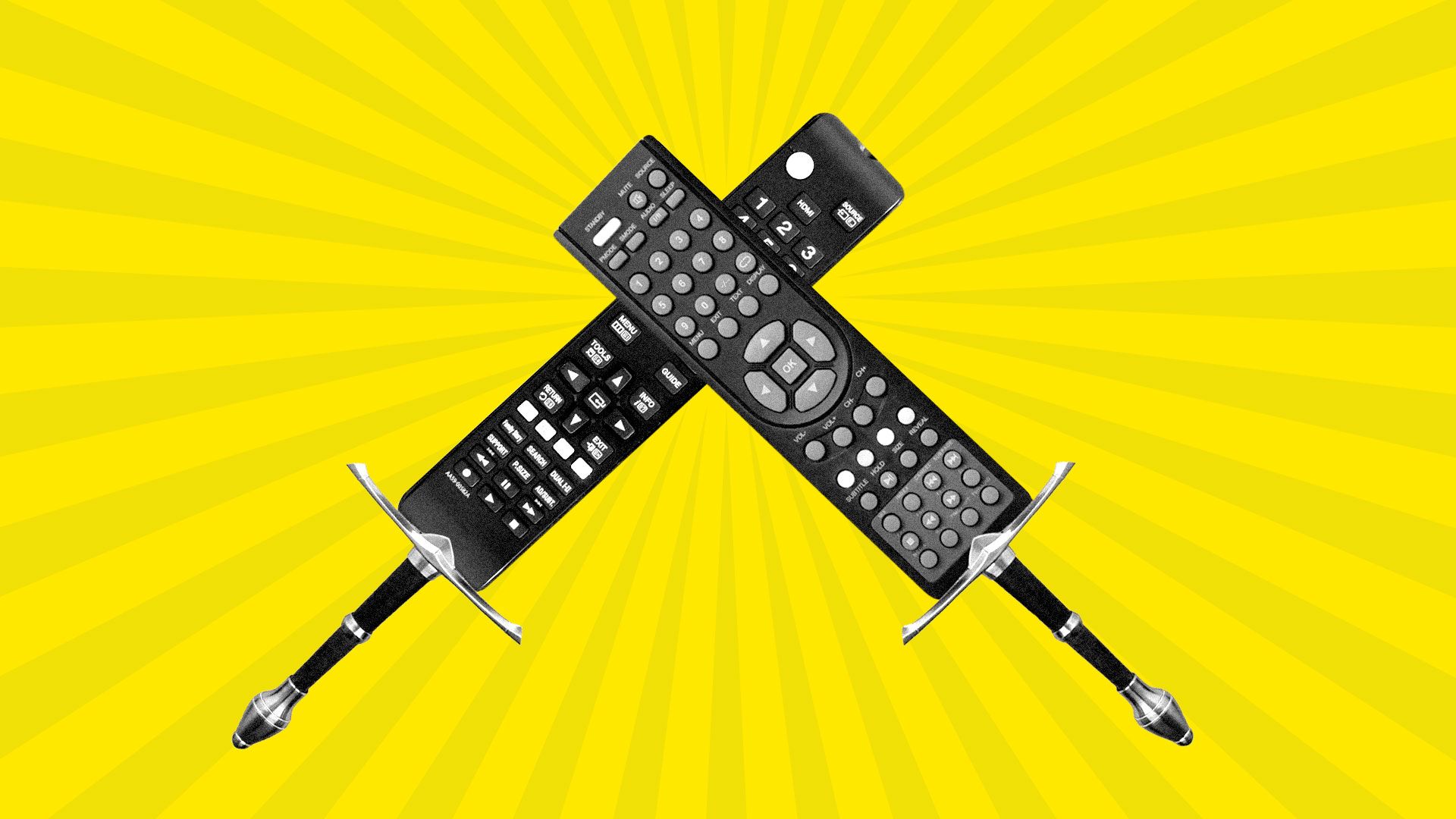  Illustration of two remote controls as swords dueling it out.