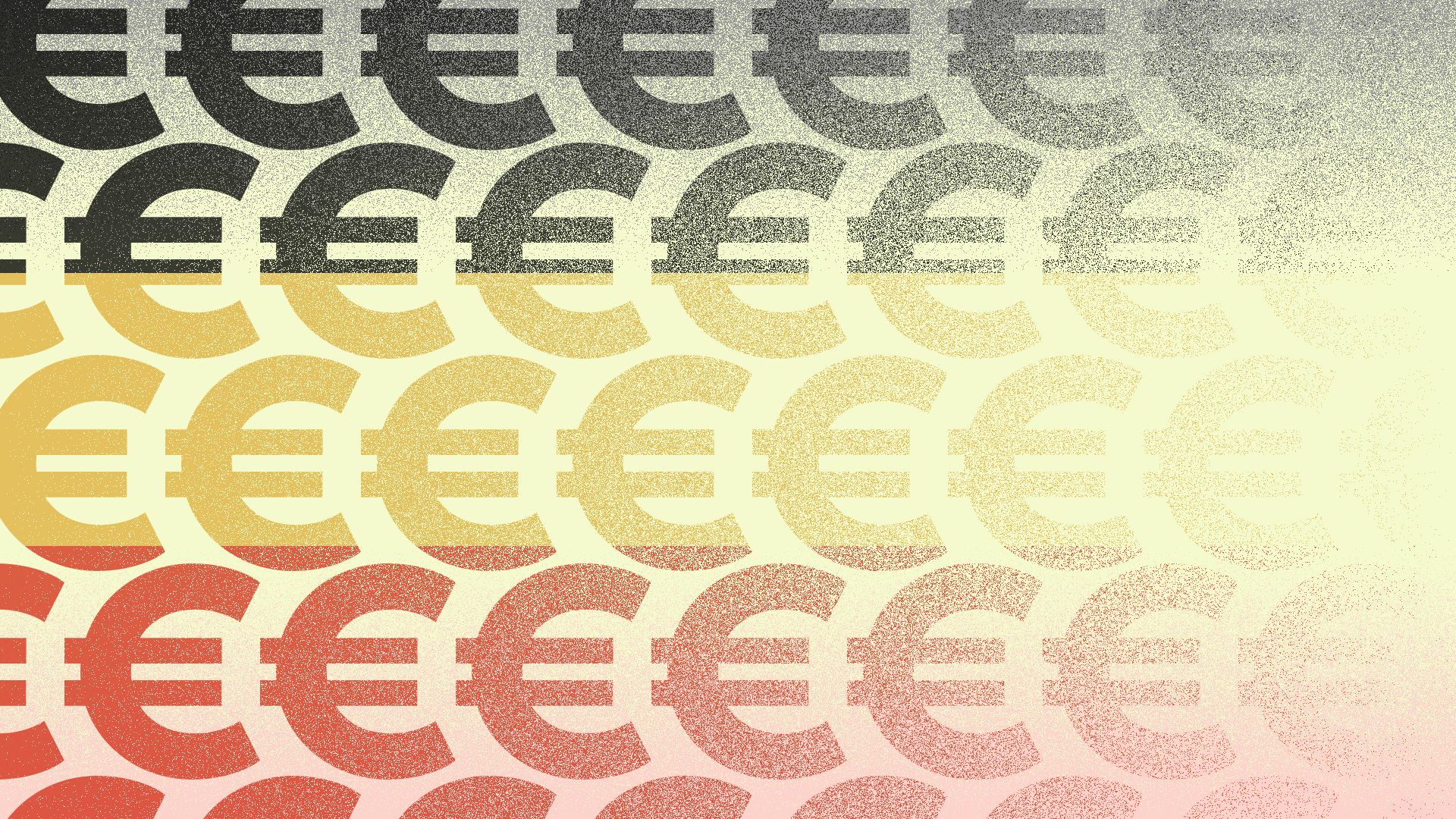 Illustration of a pattern of euro symbols, in the colors of the German flag, fading left to right.
