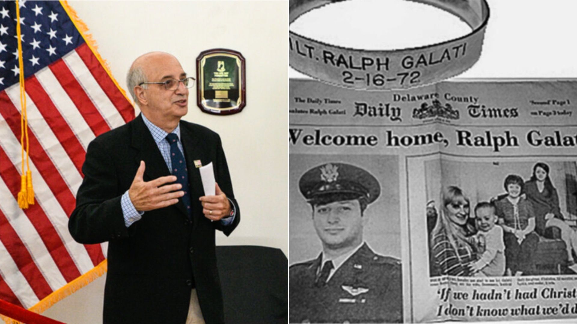Left to right: Former POW Ralph Galati at a speaking engagement and an old newspaper clipping that says "Welcome home, Ralph Galati," with his military photo and family picture.