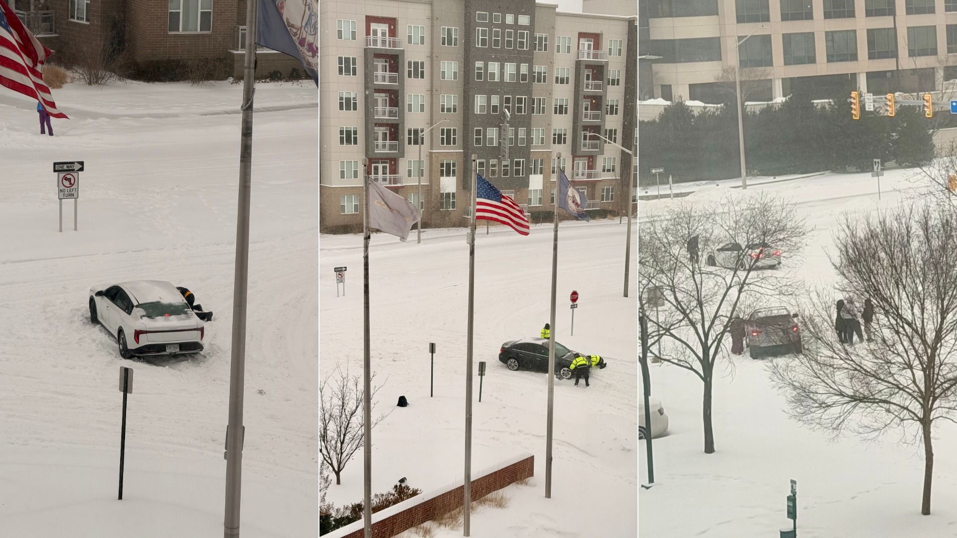 Three scenes of cars stuck in deep snow on city streets with people trying to push or help them, amid snowy trees and buildings, and flagpoles with flags in the middle image.