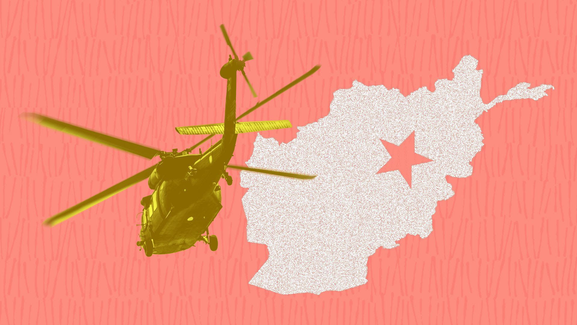 Illustration of a helicopter flying next to a map of Afghanistan. 
