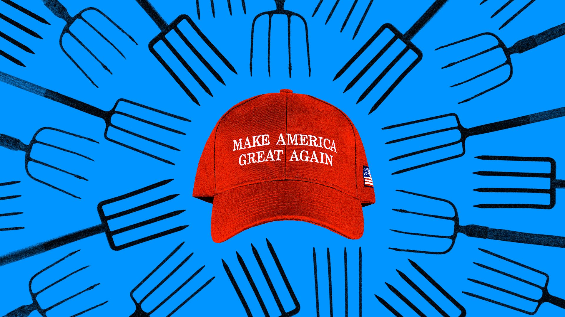 MAGA hat surrounded by pitchforks.