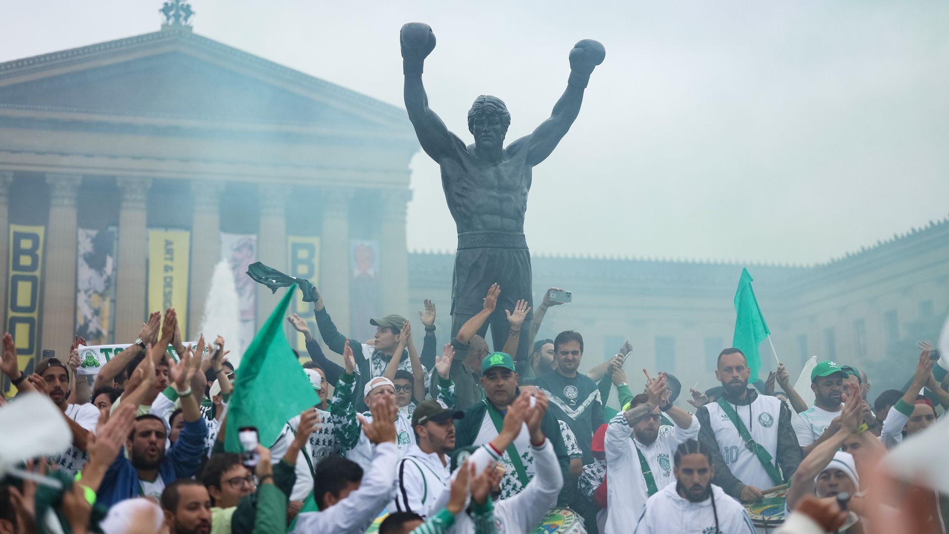 Palmeiras fans rally at the Rocky Statue on the steps of the Philadelphia Art Museum.