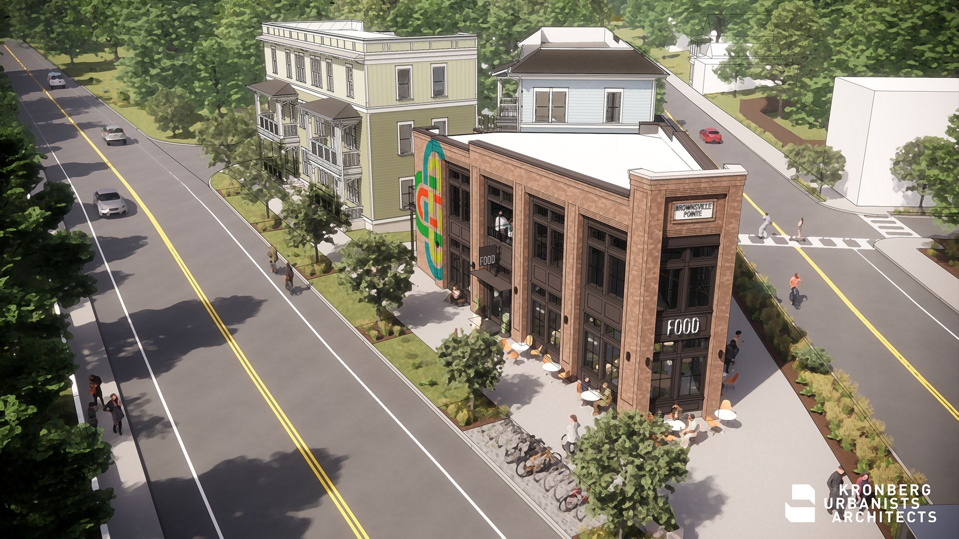 A street corner with a brick building labeled "FOOD" and "BROWNSVILLE POINTE", outdoor seating, bicycles; multi-story light green and blue buildings behind; cars and pedestrians on roads.