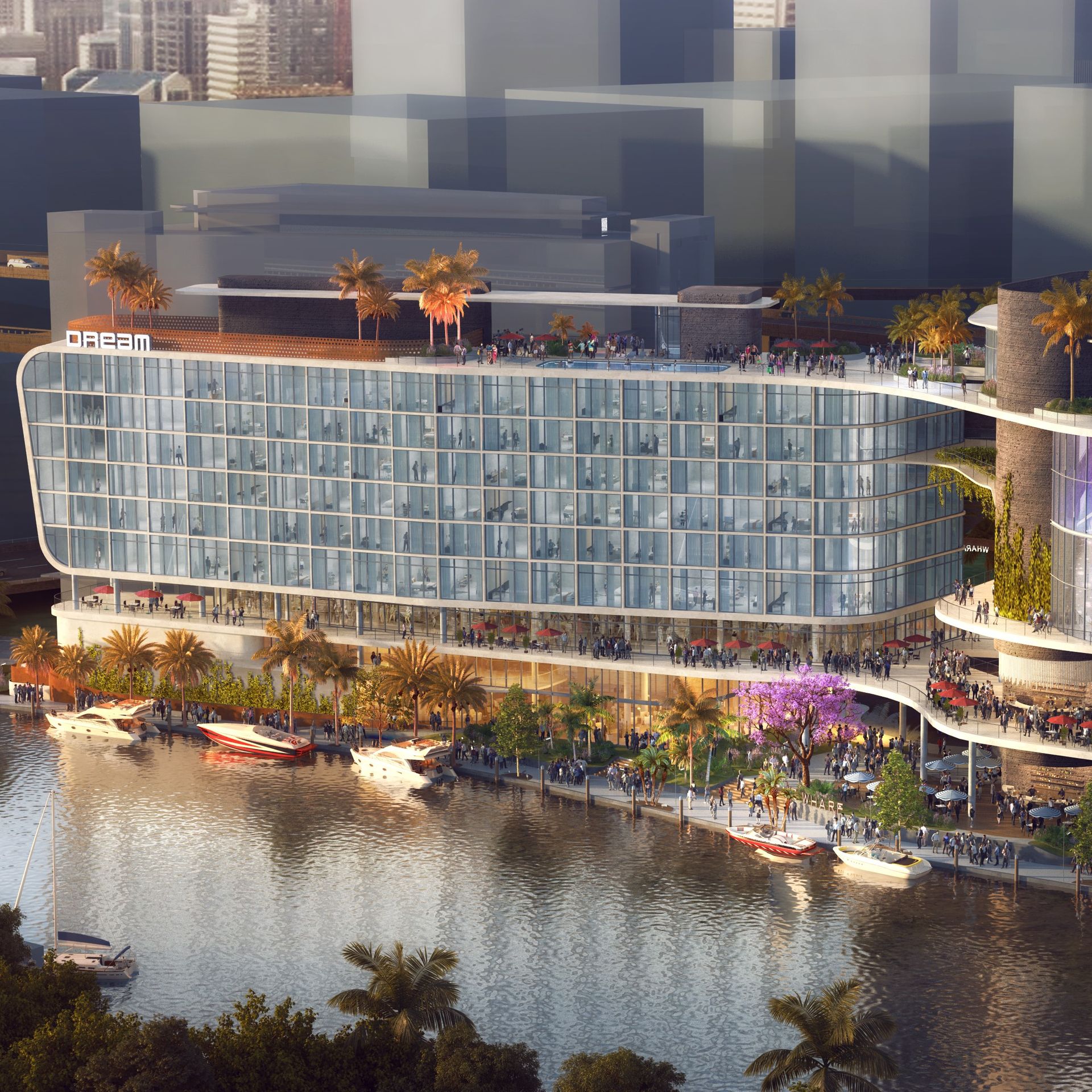 A rendering of a sleek, modern, glass-fronted hotel along a river. 