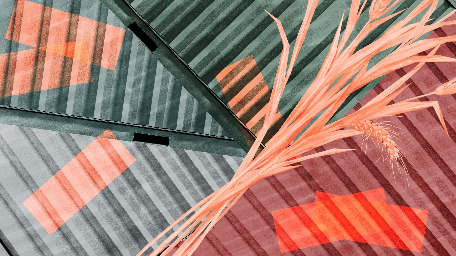 Illustration of wheat surrounded by shipping containers and rectangles