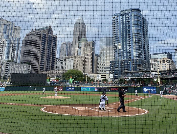 Charlotte Knights play at Truist Field in Uptown with the Charlotte skyline in the background. 