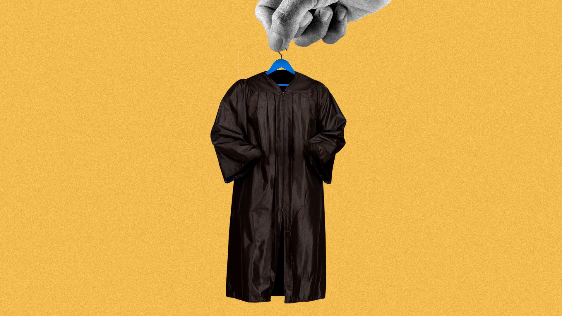 Illustration of a large hand holding a judge robe on a clothes hanger