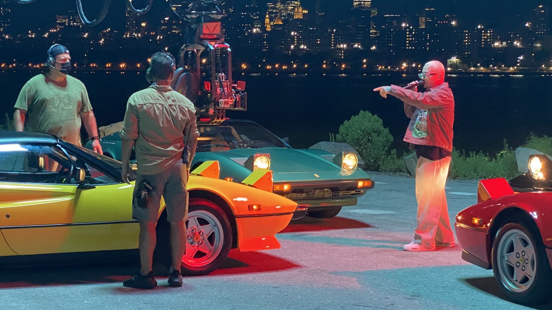 The music artist J Balvin on the set of his video "Fantasias" with several Ferraris