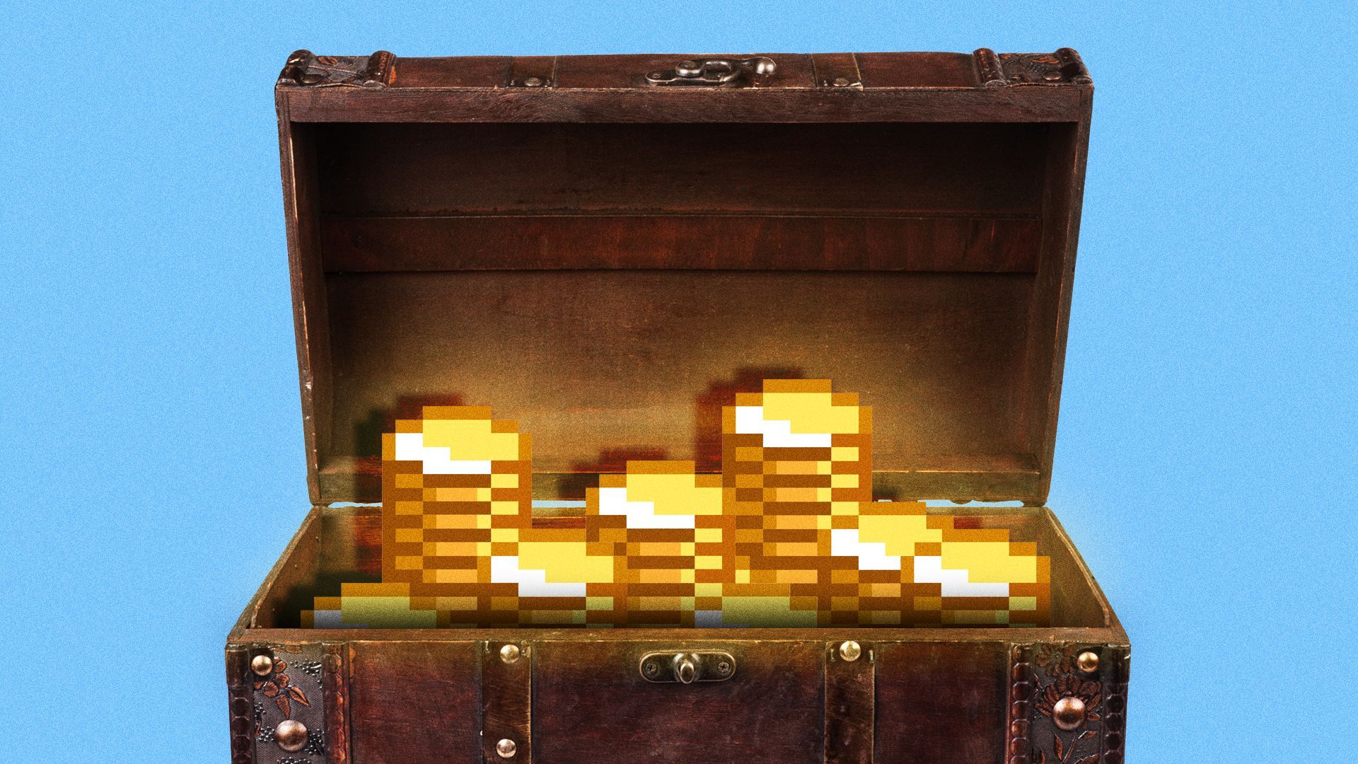 Illustration of pixelated coins inside of a treasure chest. 