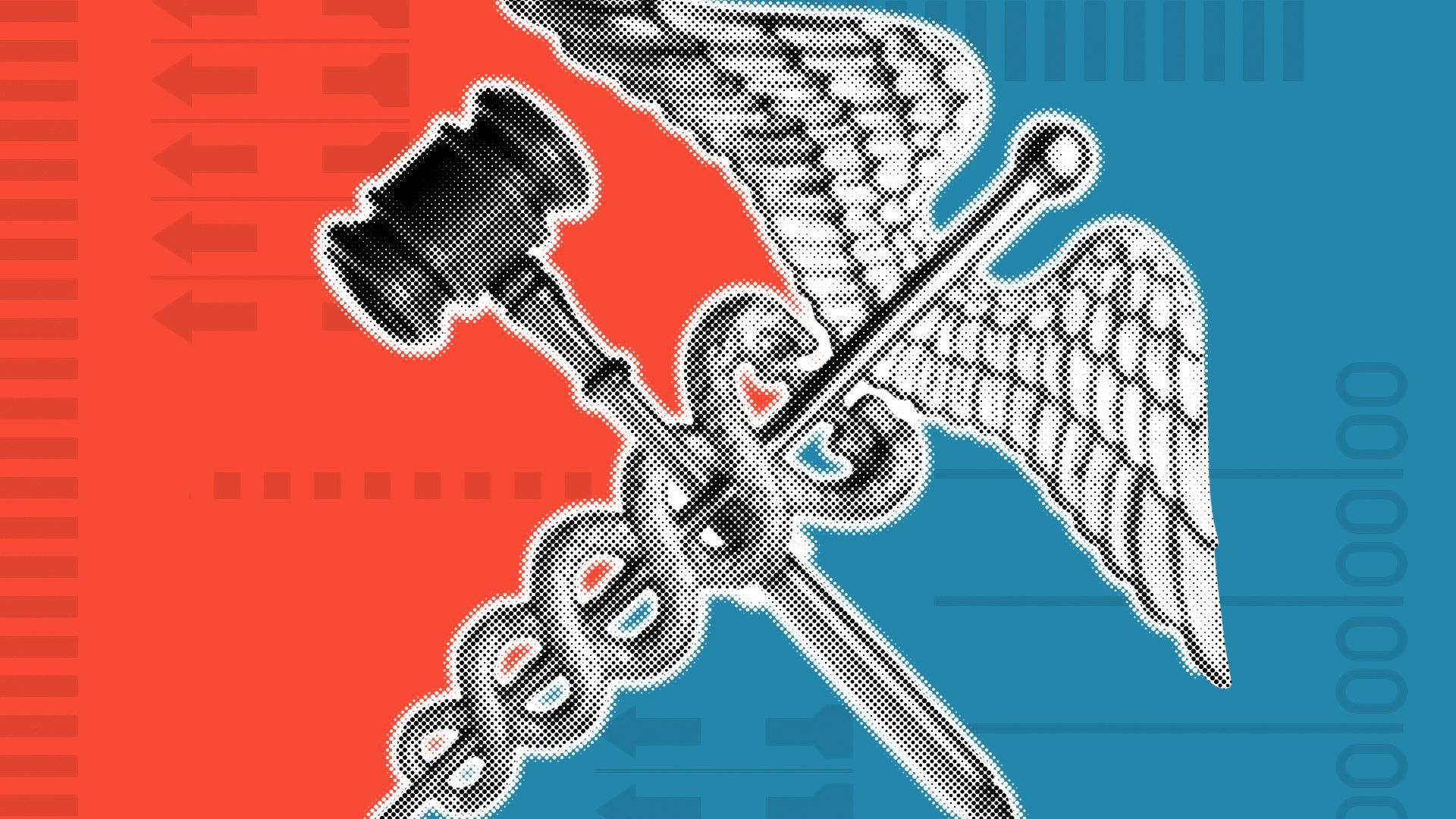 Illustration of a caduceus crossed with a gavel over a divided red and blue background with elements of ballots.
