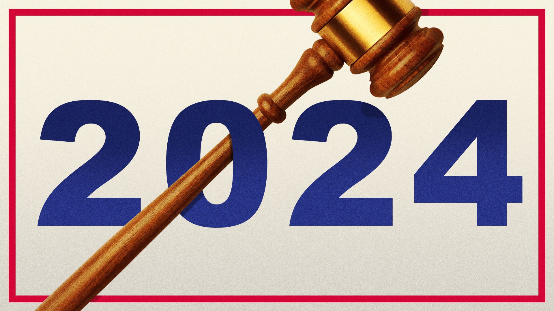 Illustration of a gavel intersecting the zero in "2024", in the style of Donald Trump's campaign branding.