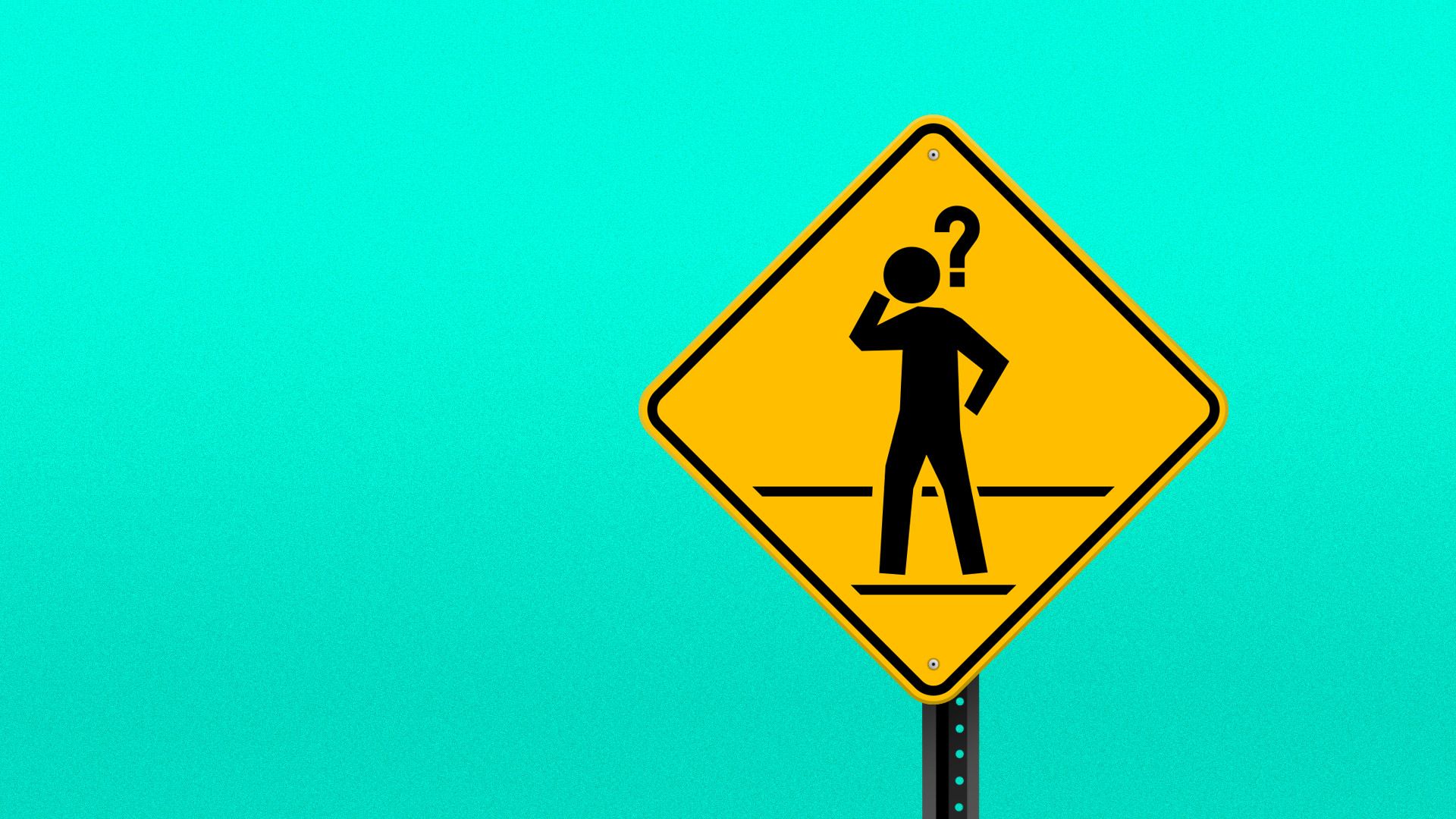 A pedestrian street sign featuring a puzzled pedestrian