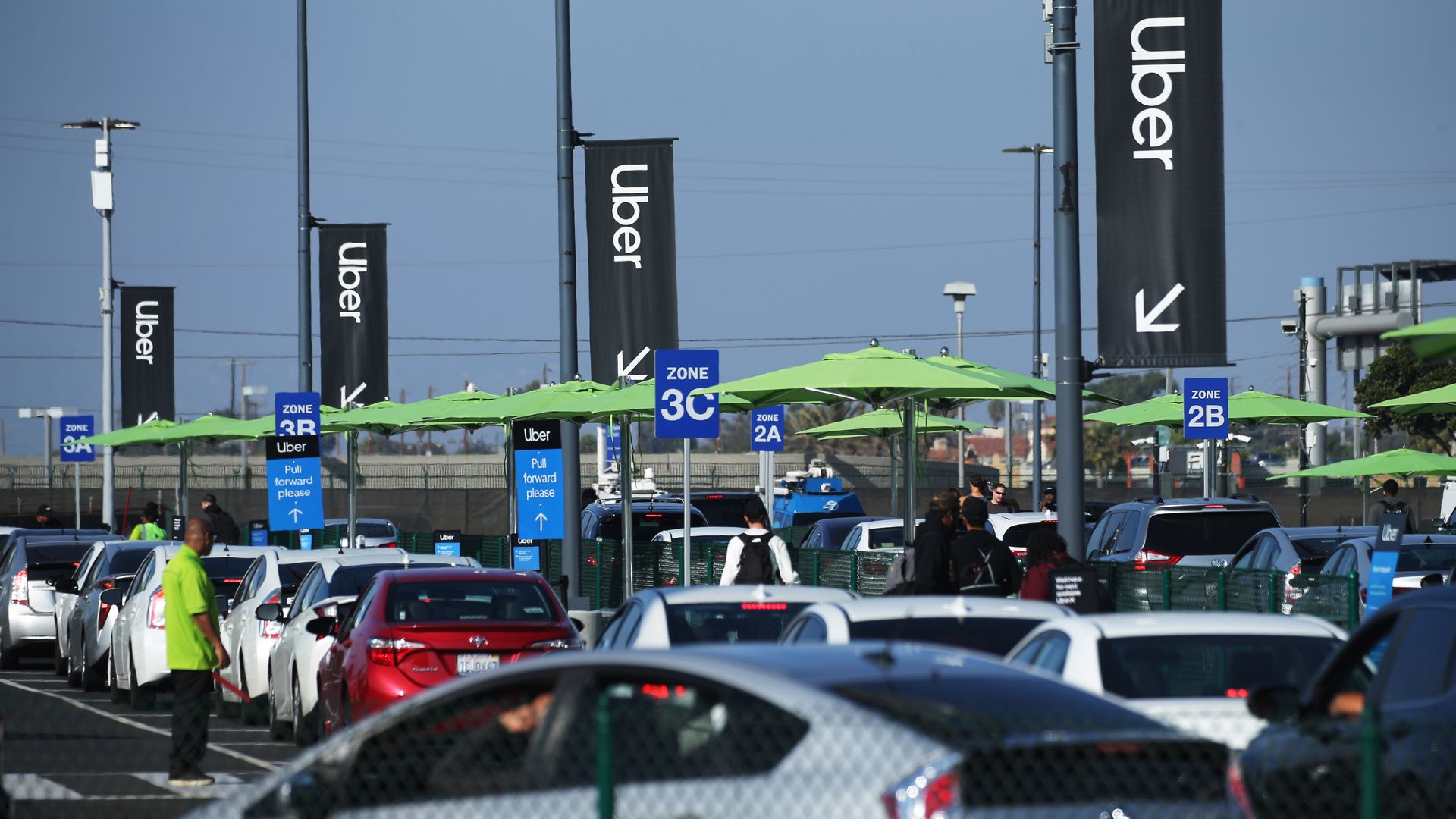 Image of LAXit parking lot with a long line of waiting Ubers