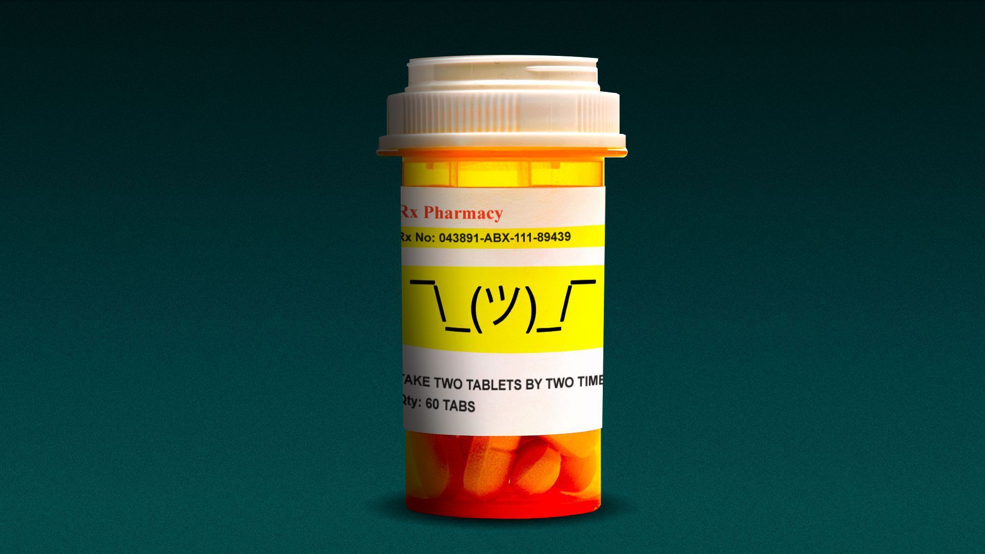 A prescription bottle with a shrugging typography face on it.