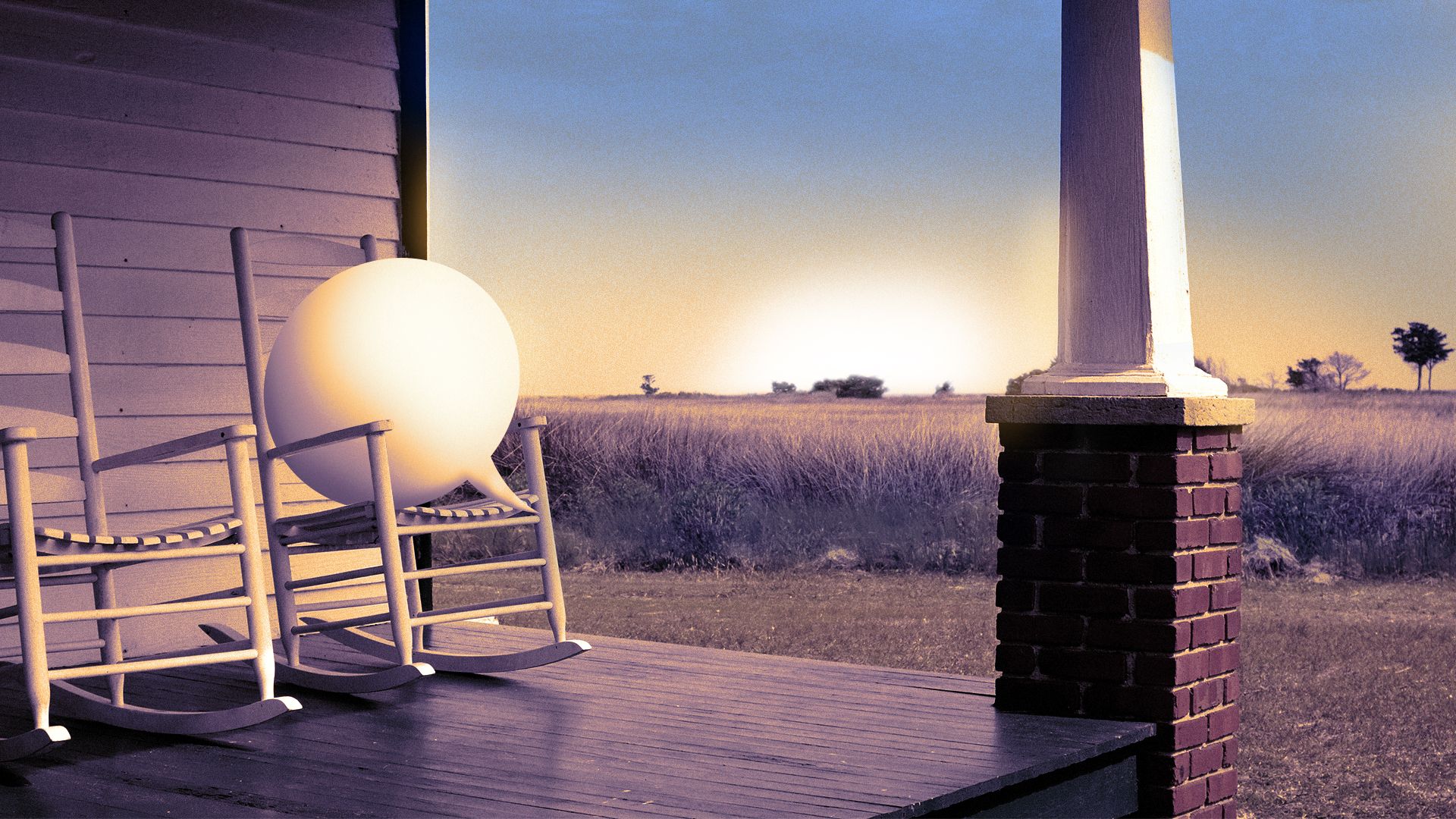 Illustration of a speech bubble sitting on a rocking chair on a porch during sunset.