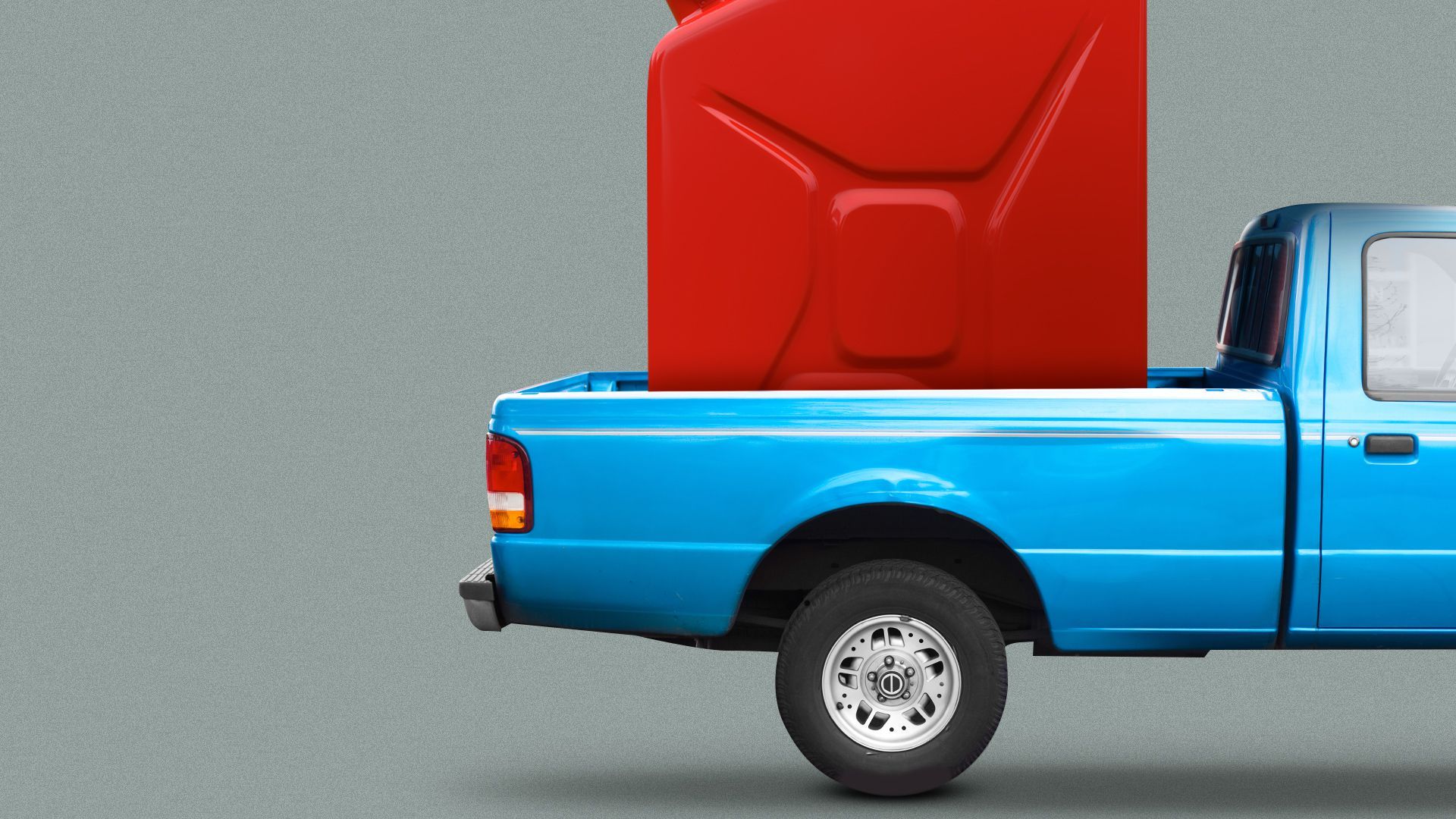 Illustration of the back of a pickup truck showing a giant gas can in the bed. 