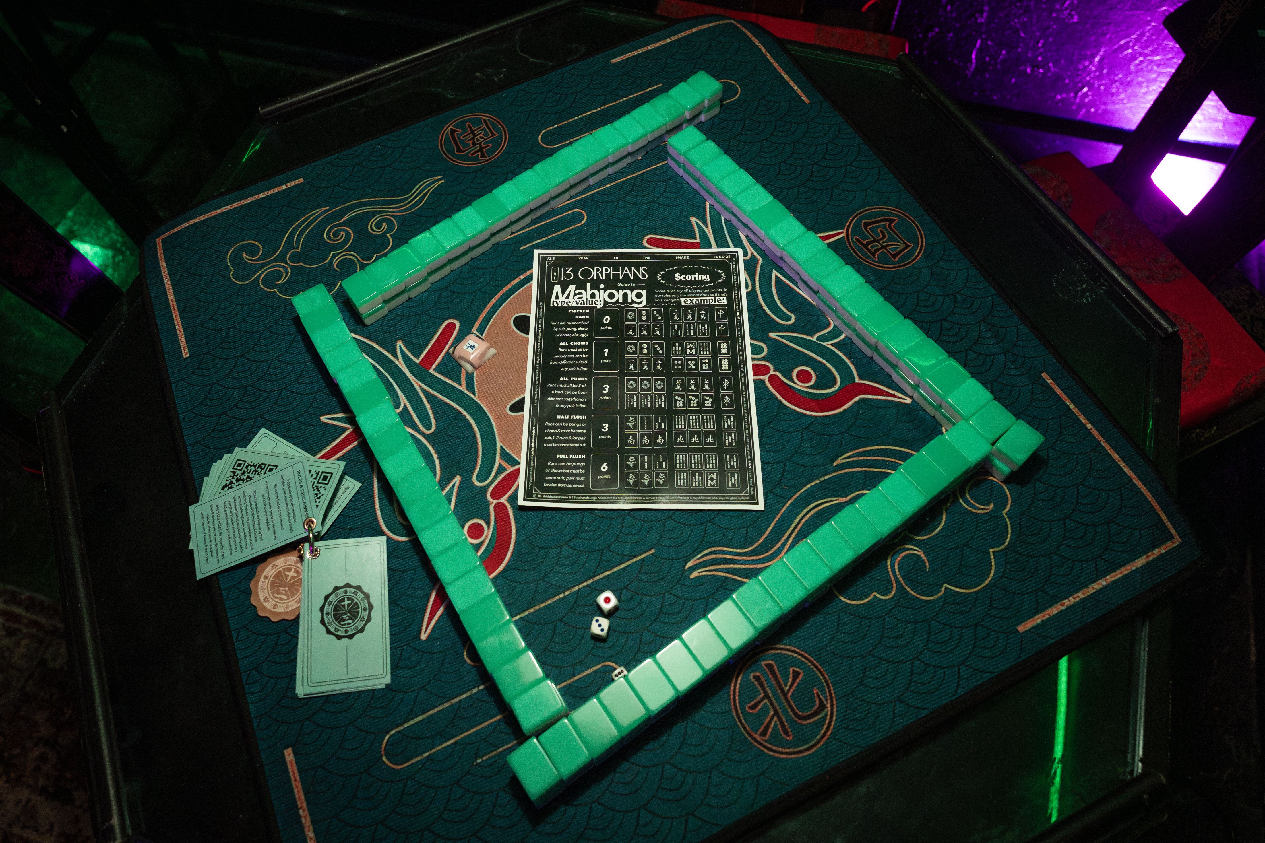Photo of a mahjong table with a sheet of paper that outlines mahjong's rules