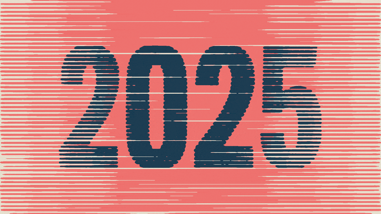 Animated illustration of moving lines making up the year 2025 falling away to reveal moving lines making the White House.