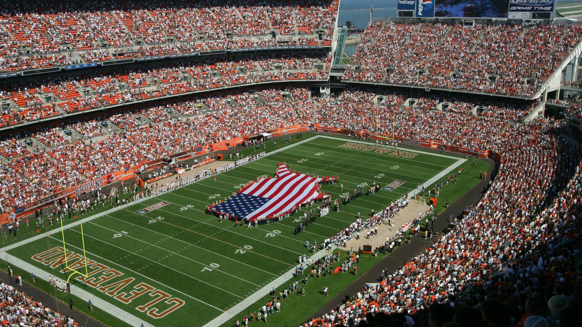 Aerial shot of Browns Stadium. 