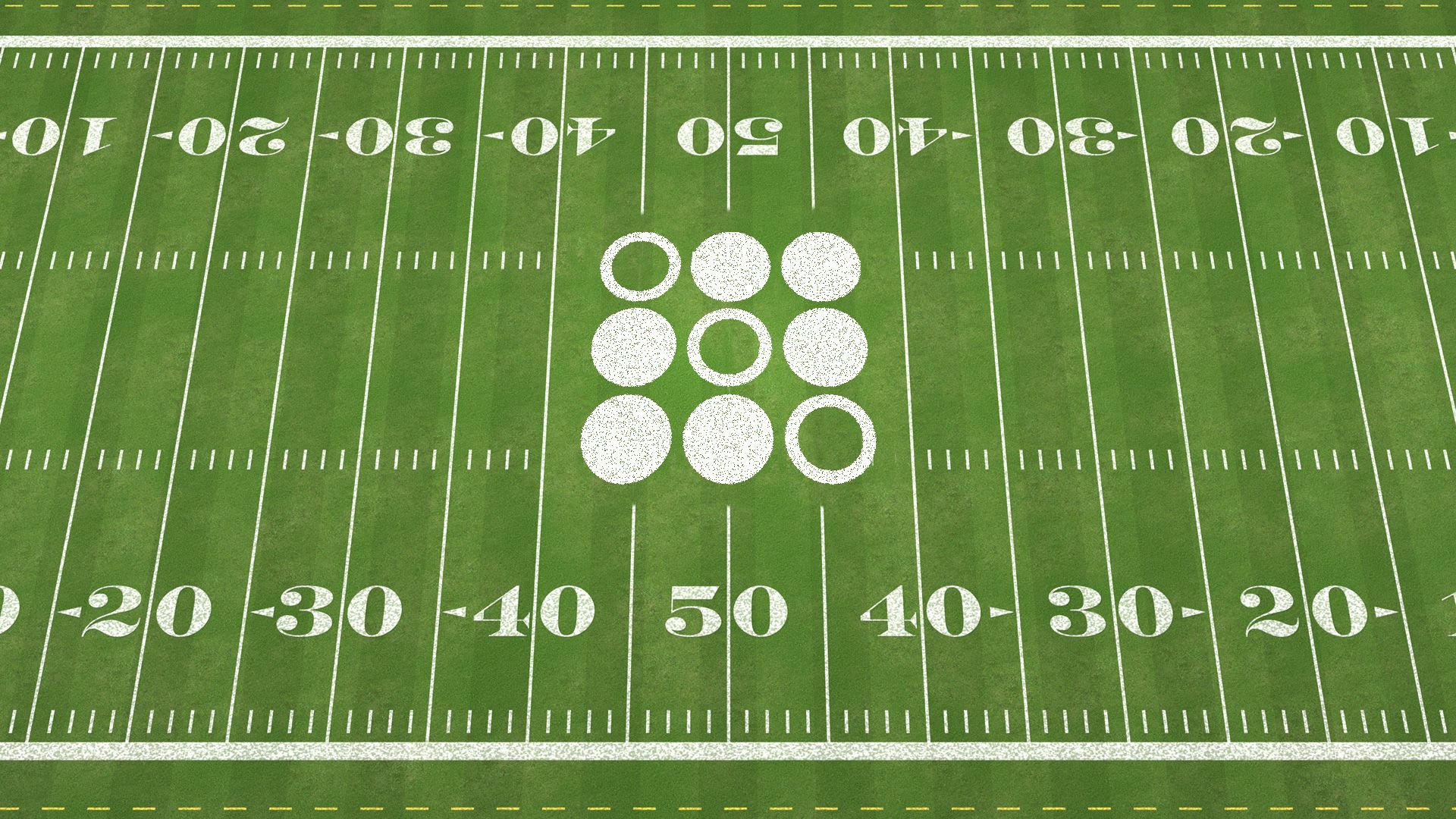 In this illustration, a birds eye view of a football green shows circles in the middle of the field.