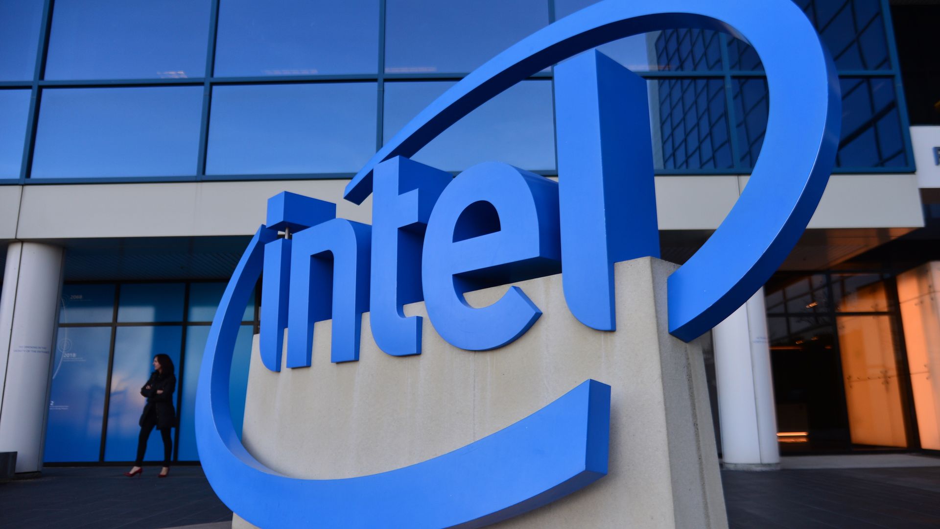 Intel corporate logo outside company headquarters