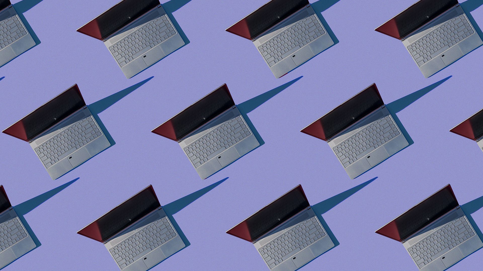 Illustration of top down view of opened laptops in a grid pattern.