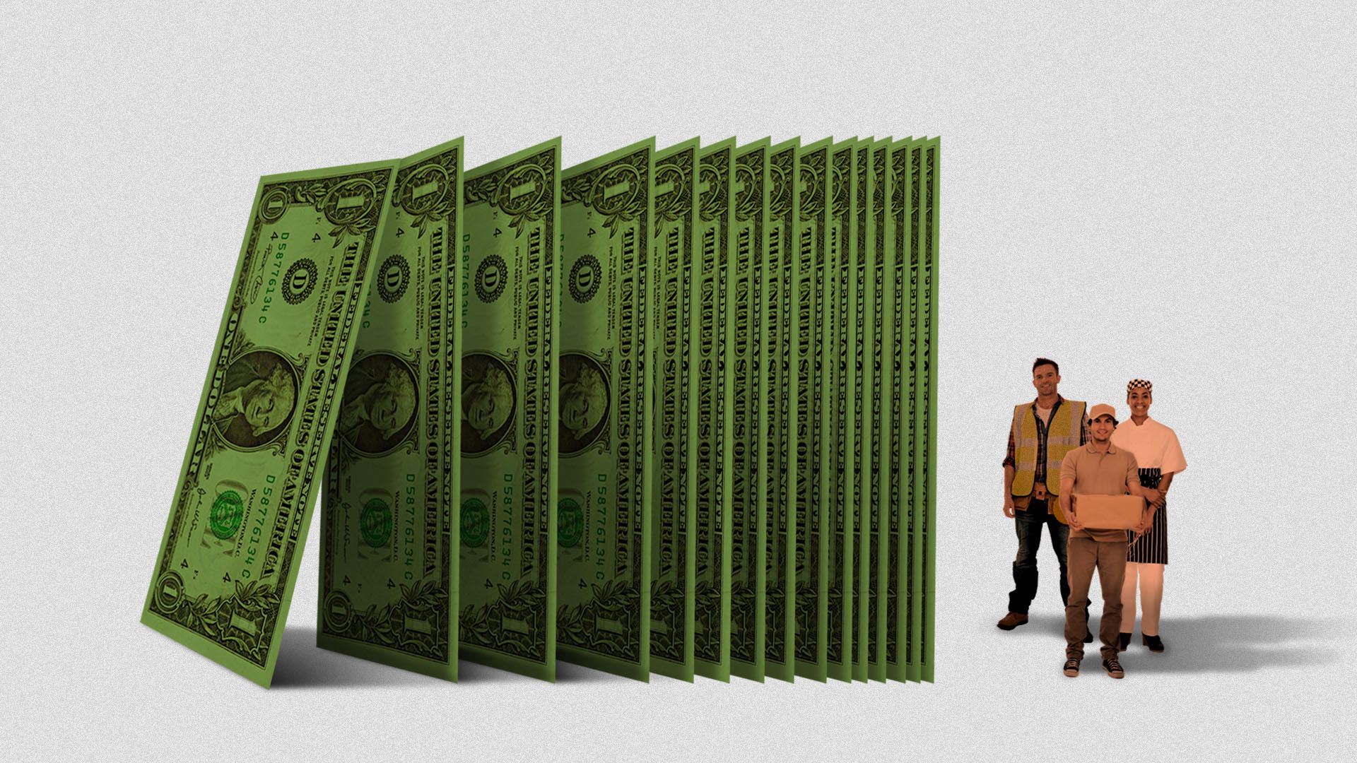 Illustration of line of dollar bills set up like dominos about to fall over onto small business owners
