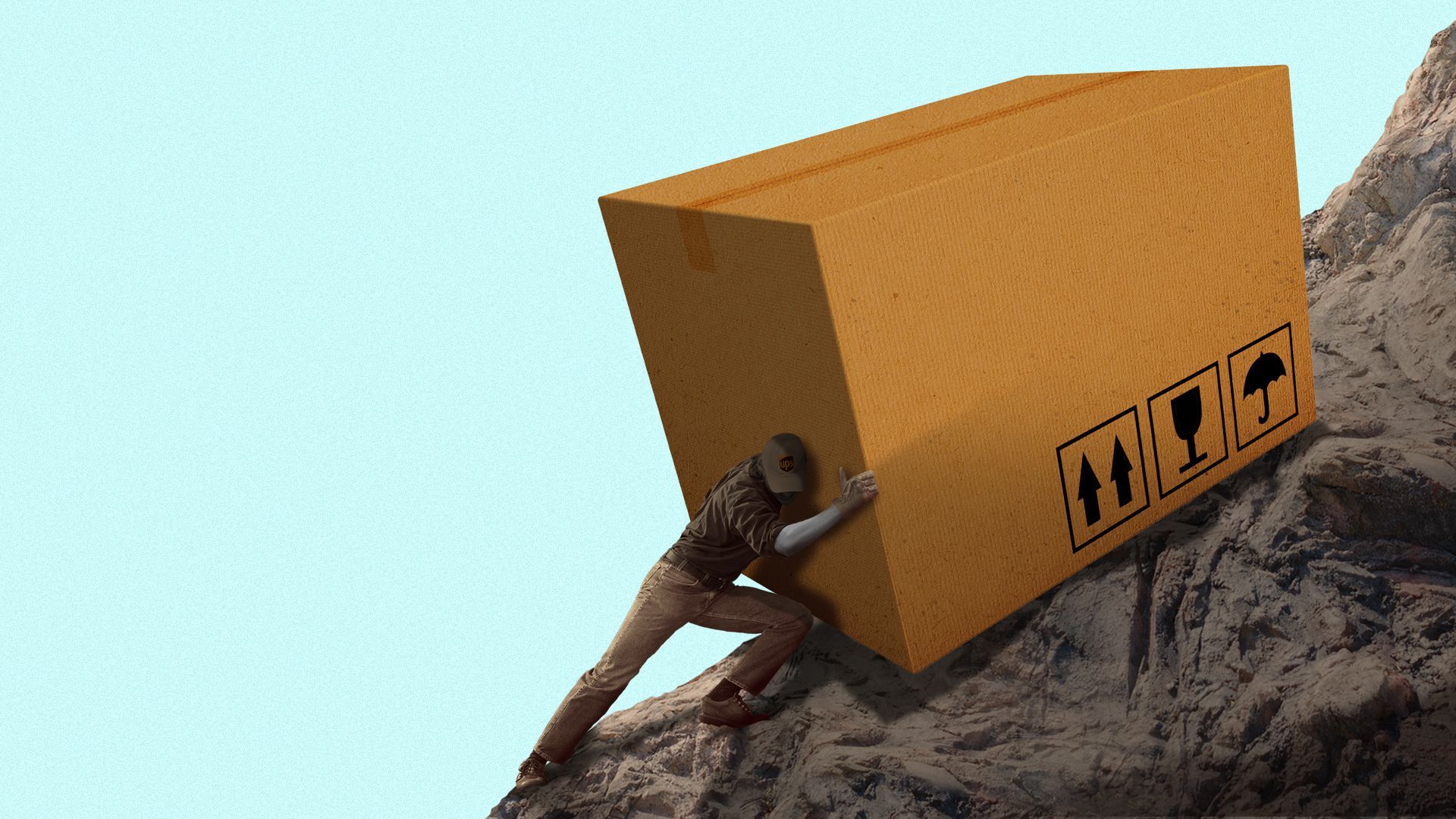 Illustration of a UPS delivery person pushing a giant box up a rocky hill