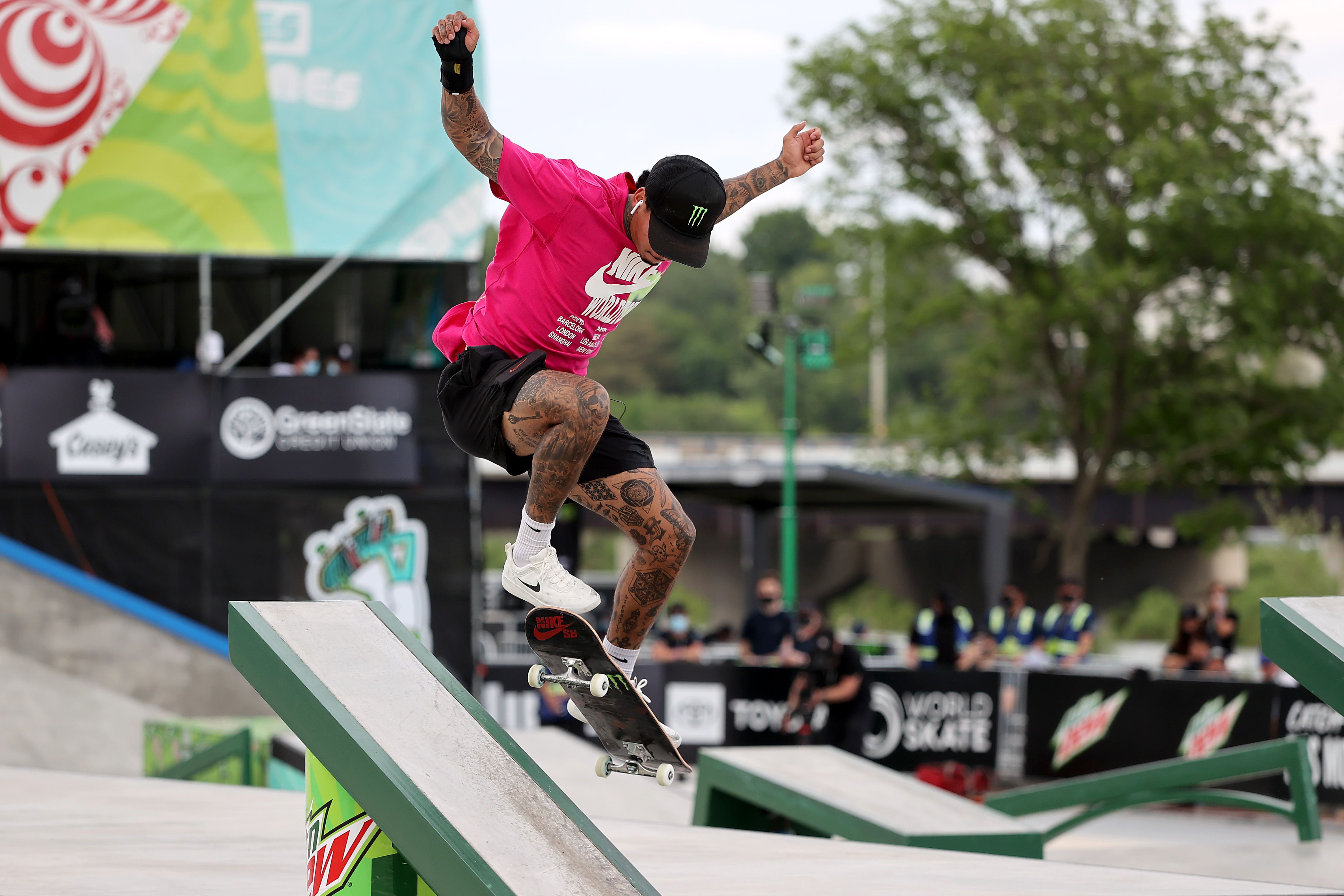 Nyjah Huston competes during the Men's Street Final at the Dew Tour on May 23, 2021 in Des Moines, Iowa. (Photo by Sean M. Haffey/Getty Images)