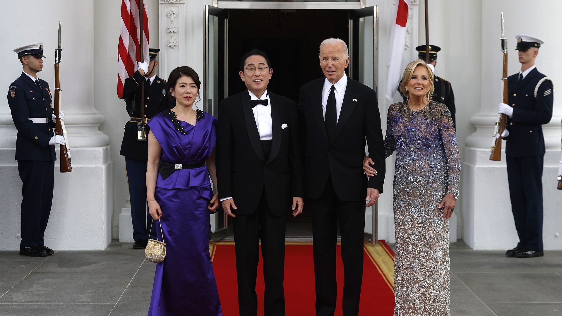  President Joe Biden and first lady Jill Biden welcome Japanese Prime Minister Fumio Kishida and his wife Yuko Kishida to the White House for a state dinner on April 10, 2024 in Washington, DC.