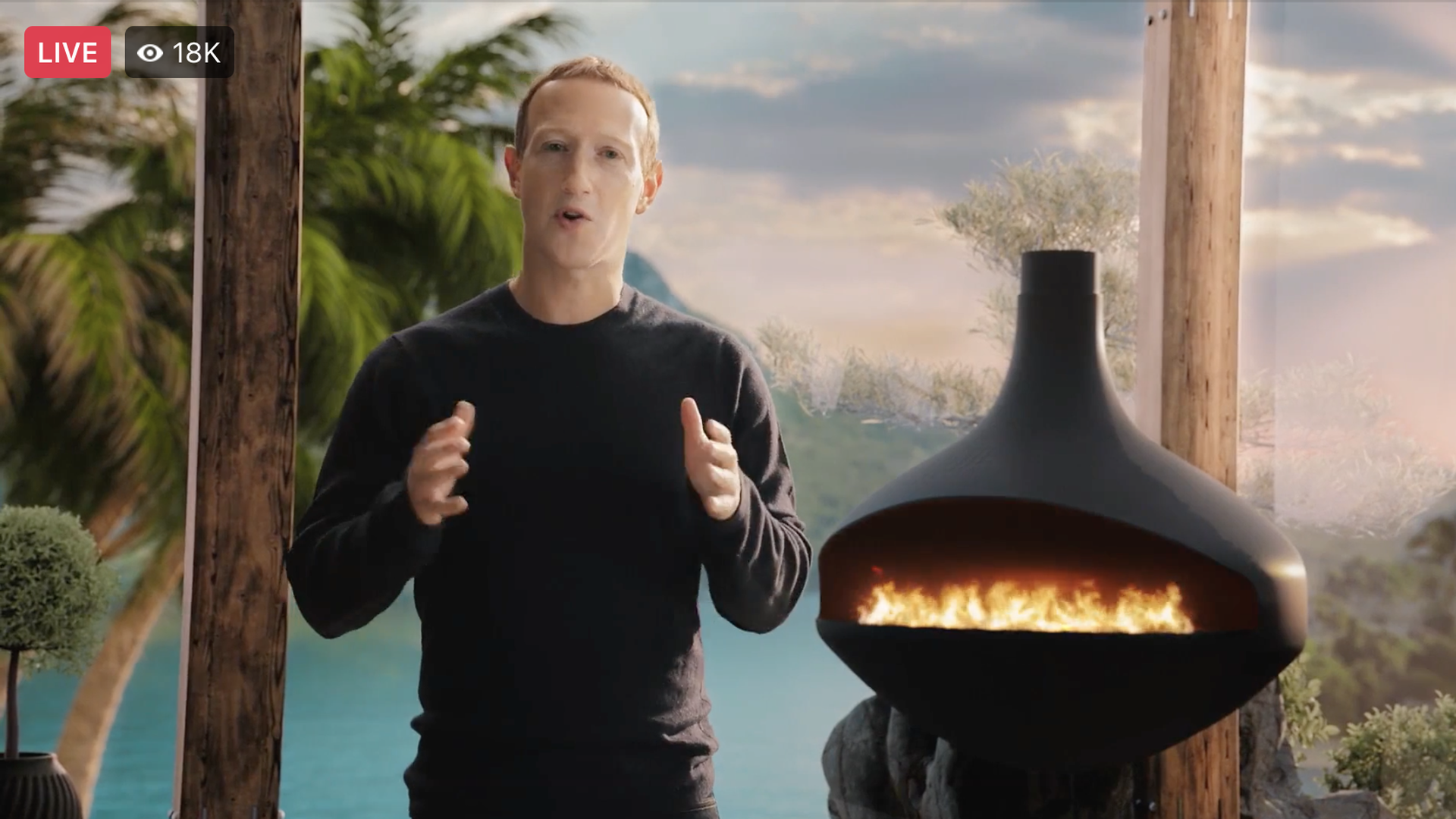 Photo of Mark Zuckerberg introducing Facebook's metaverse plan standing in front of a modernist fireplace