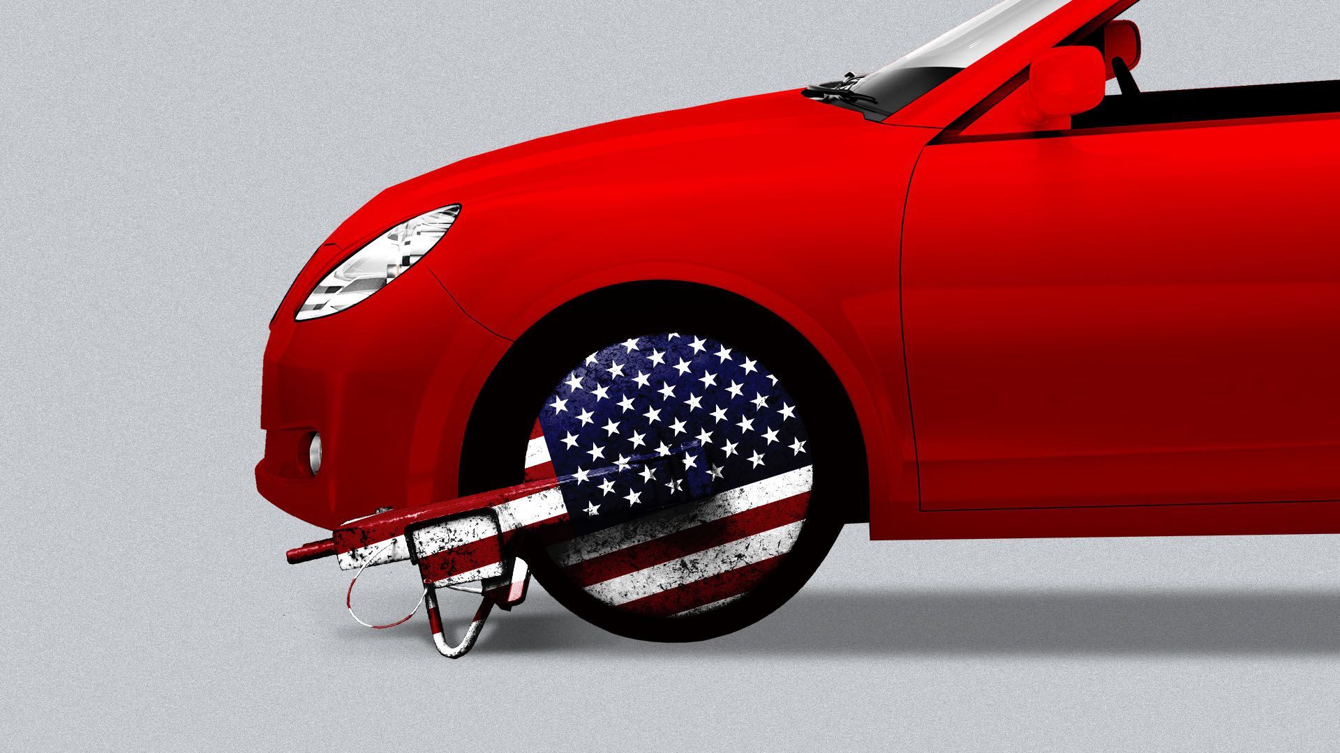 Photo of a car with a boot on the tire that's got the American flag printed on it