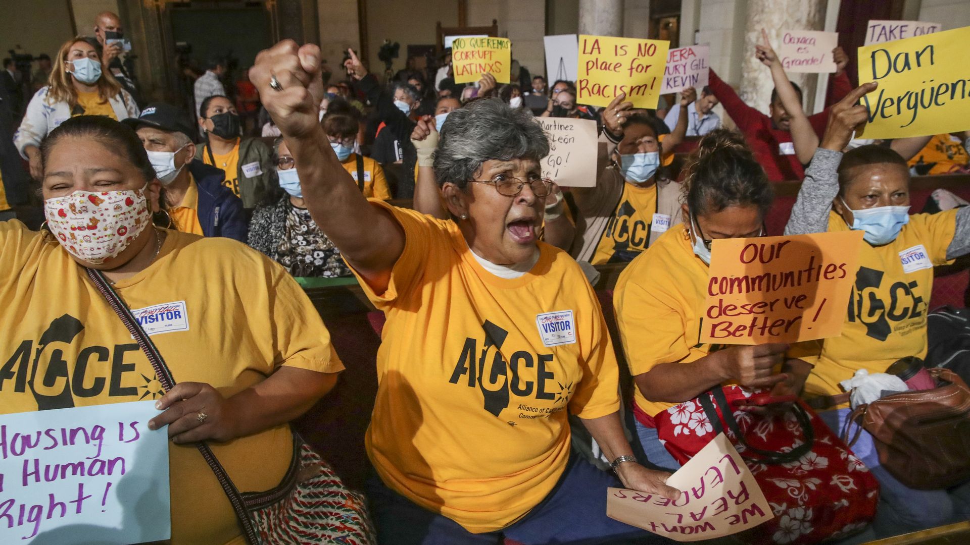 Latino protesters at the Los Angeles City Council demand some councilmembers resign.