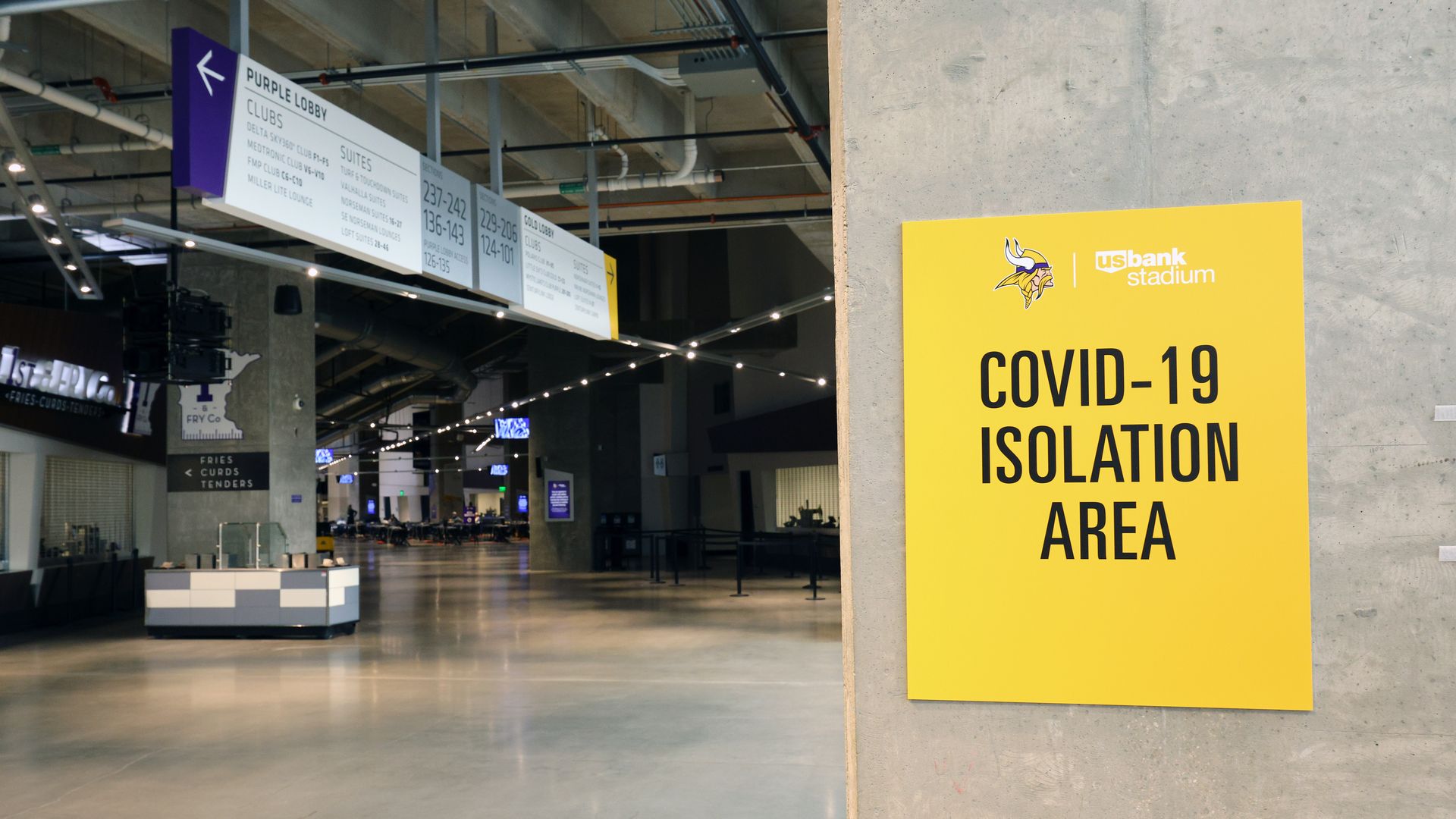 A detail of Covid-19 related signage prior to the game between the Dallas Cowboys and the Minnesota Vikings at U.S. Bank Stadium