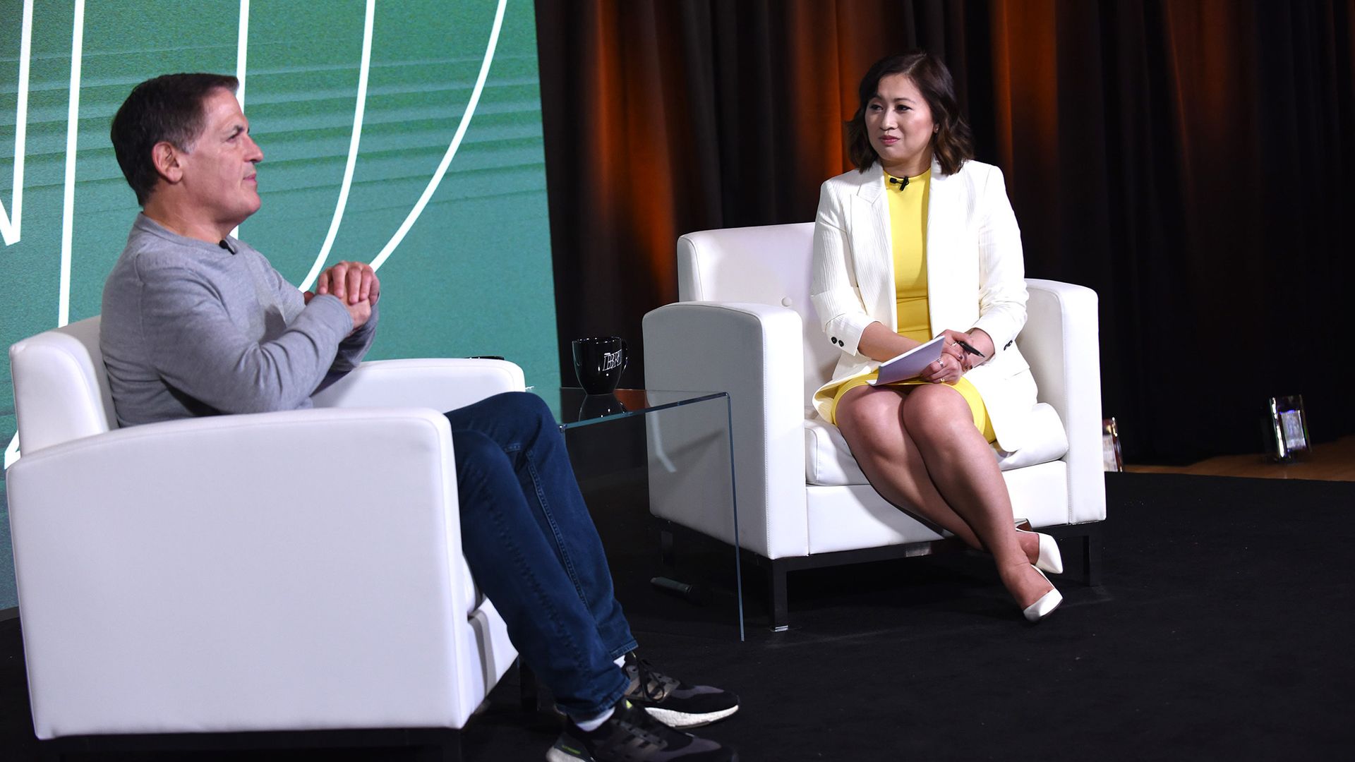 Mark Cuban on stage with Hope King at Axios' BFD event in NYC