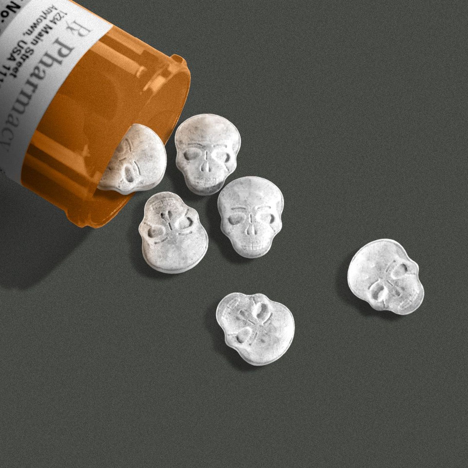 Illustration of skull-shaped pills coming out of a prescription bottle.
