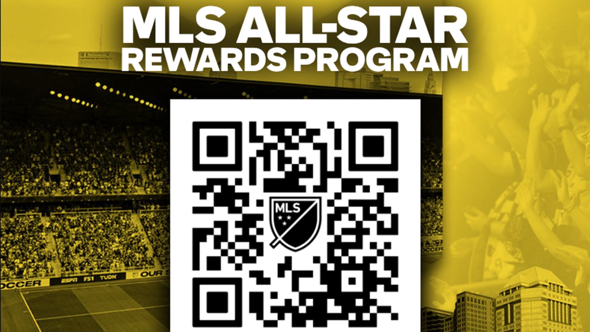 A scannable QR code that says "MLS All-Star Rewards Program" above it on a black and yellow background
