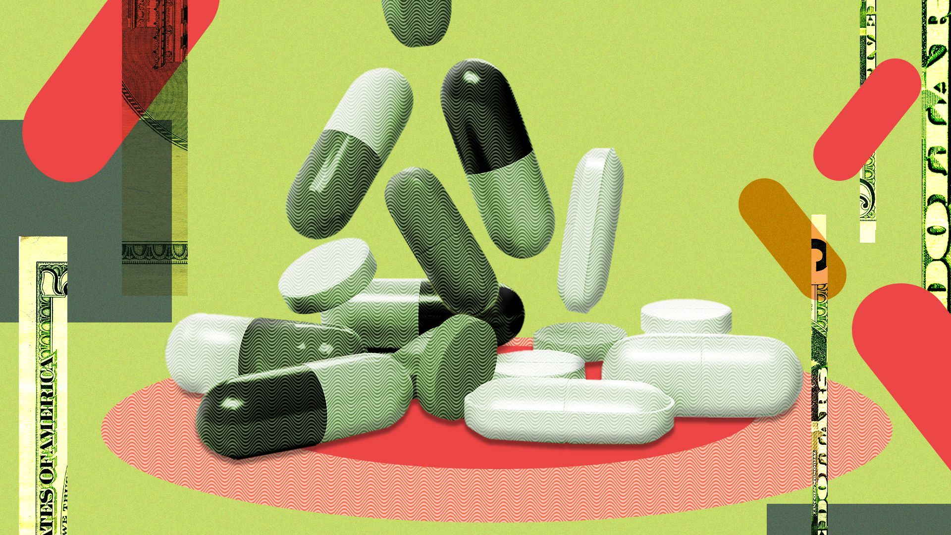 Illustration of falling pills surrounded by abstract shapes and sections of dollars.